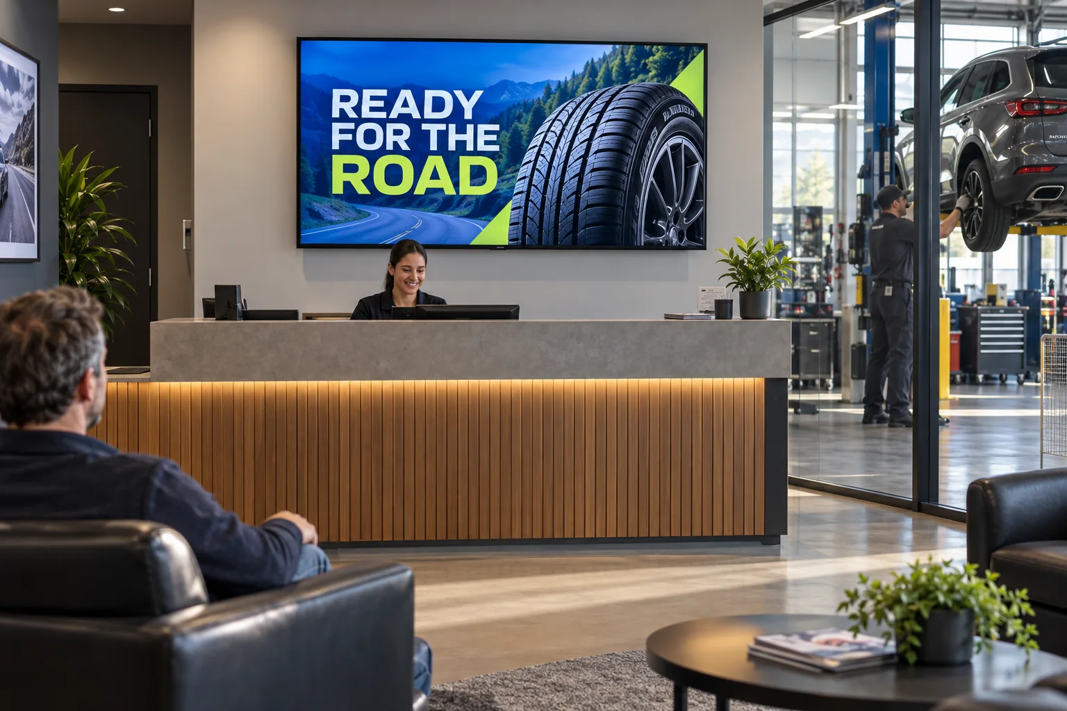 A tire promotion on a screen in an automotive service reception.