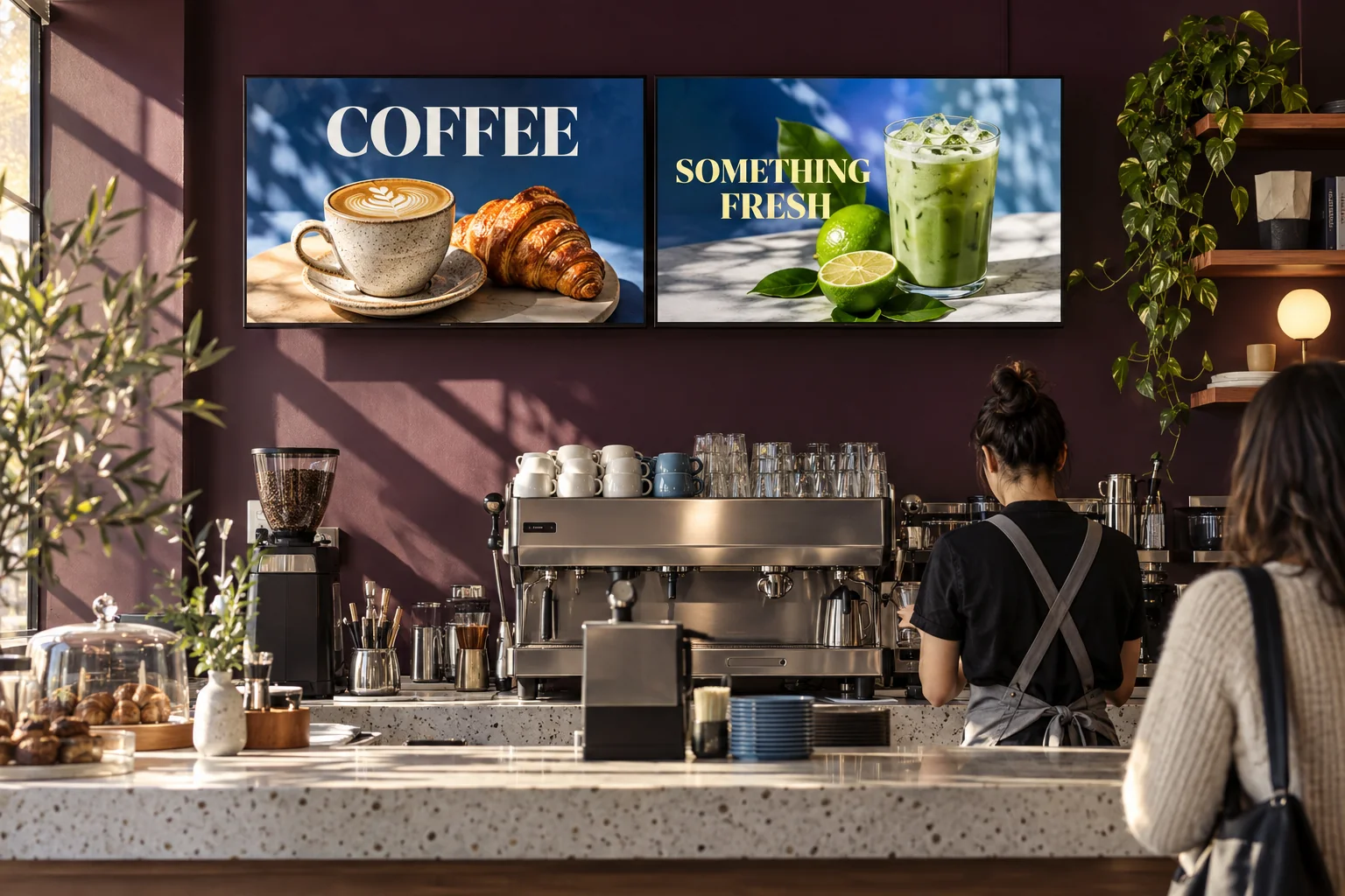 Menu screens in a café setting.