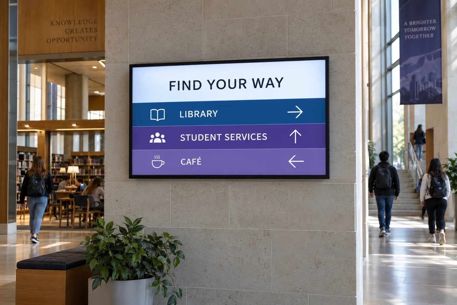 A large library and student-services direction screen at a campus entrance.