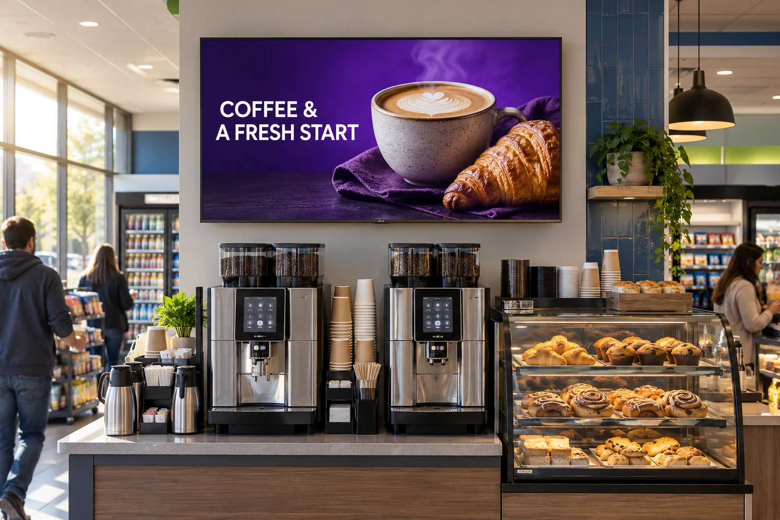 A coffee and breakfast promotion on a convenience-store screen.