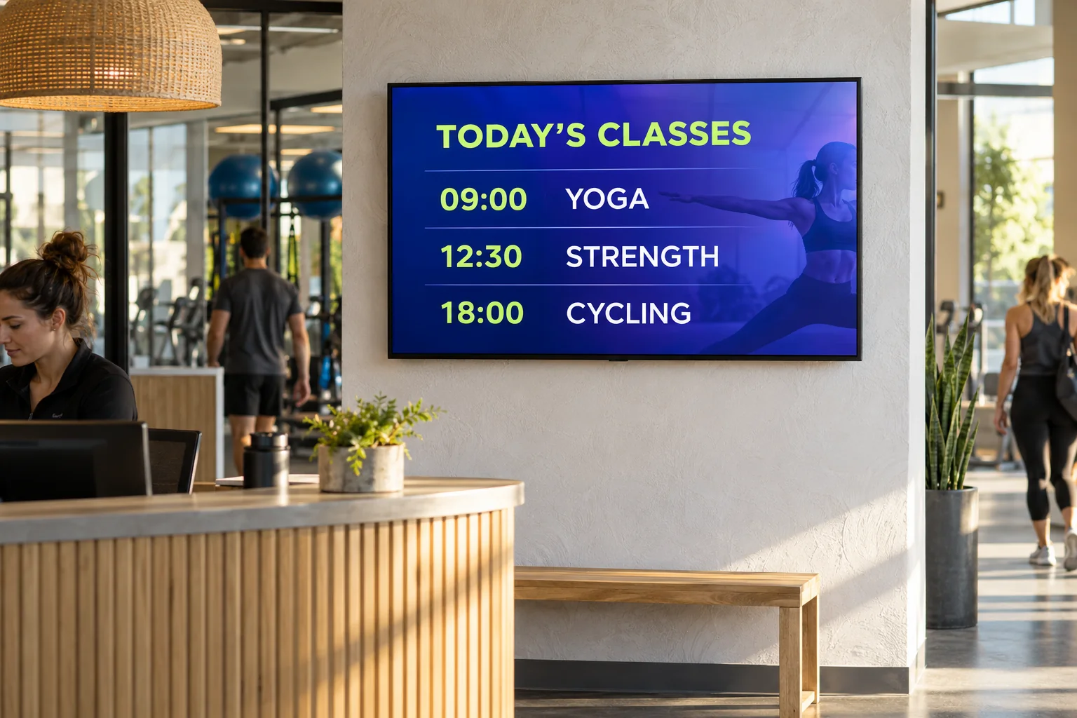 A digital class timetable showing yoga, strength and cycling at a fitness studio.