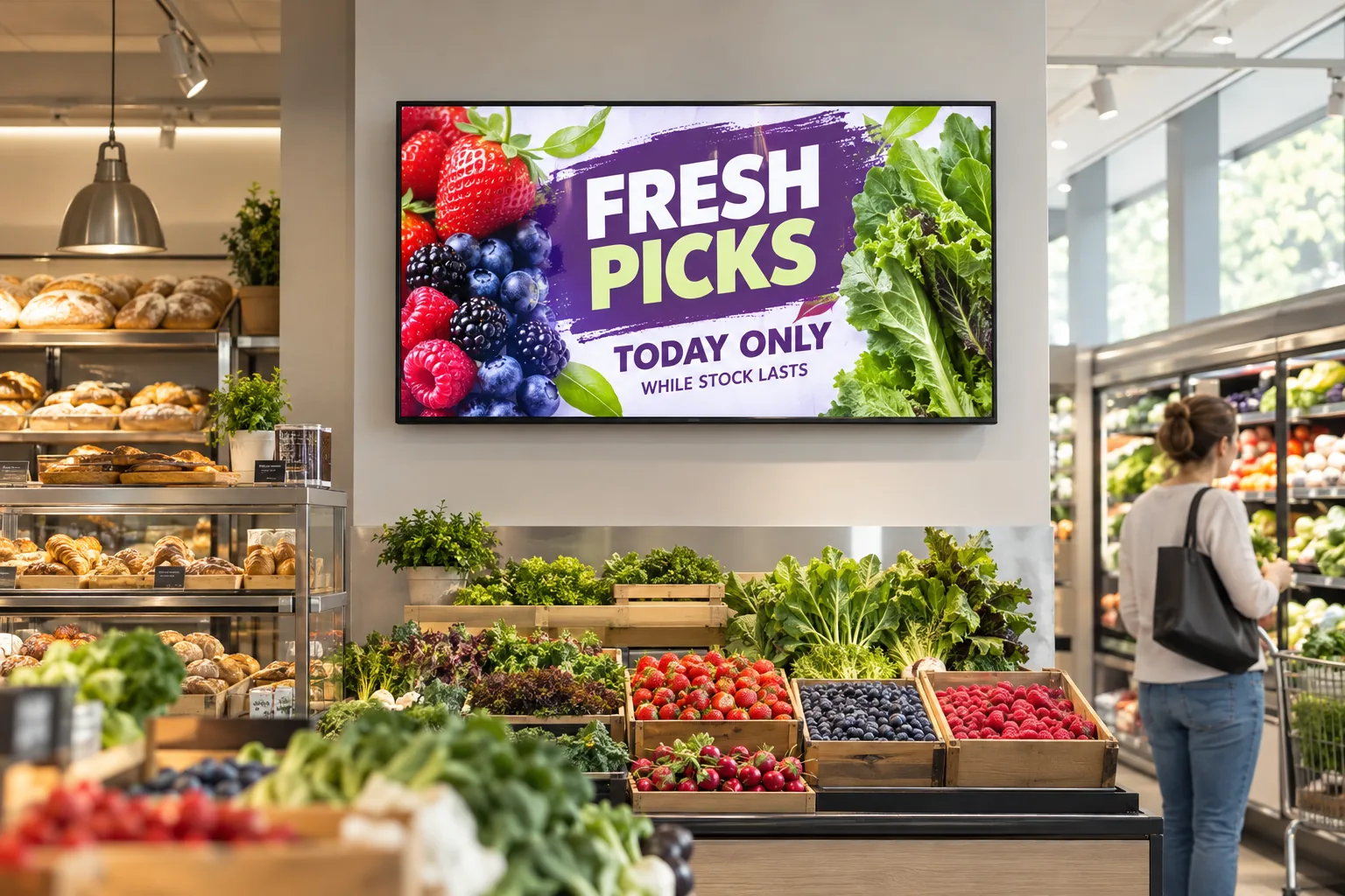 A same-day fresh-food offer on a grocery-store screen.