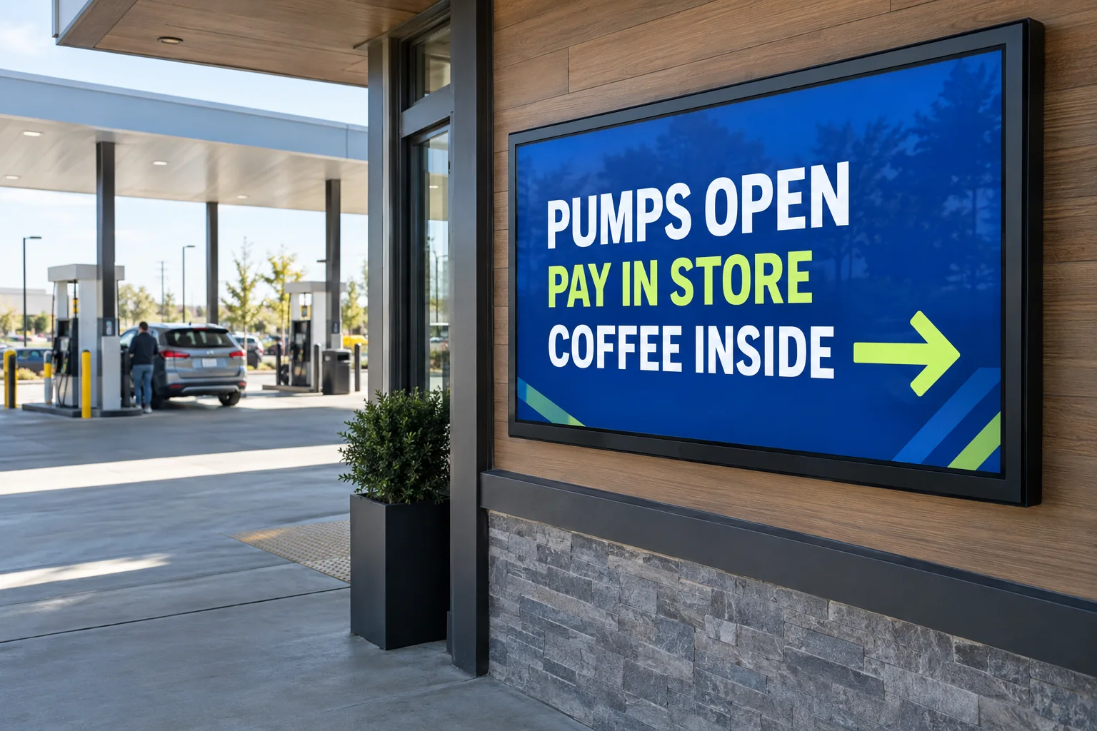 A service-information display beside a fuel-station store entrance.