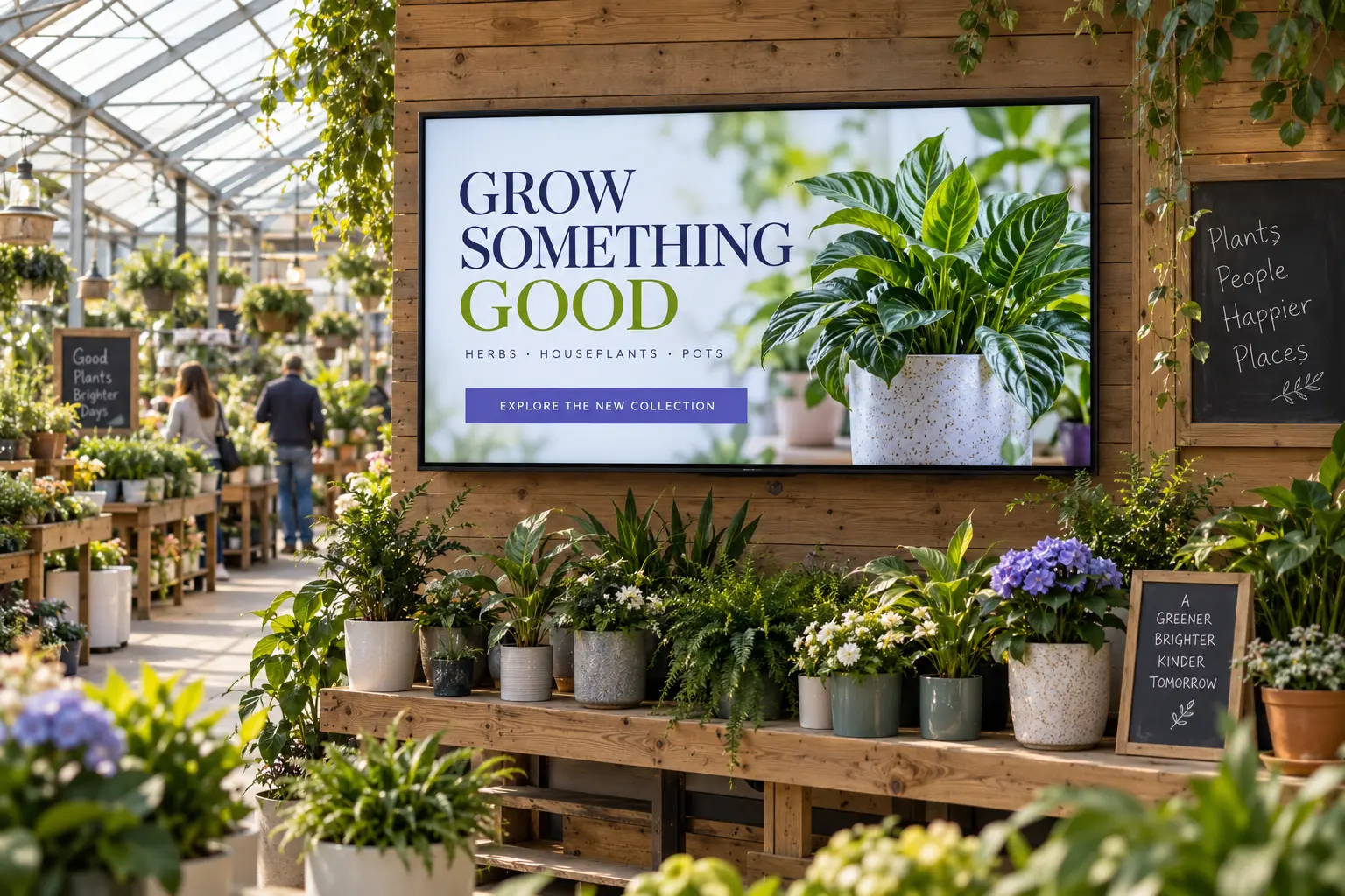 A large plant-collection promotion screen among living plants at a garden centre.