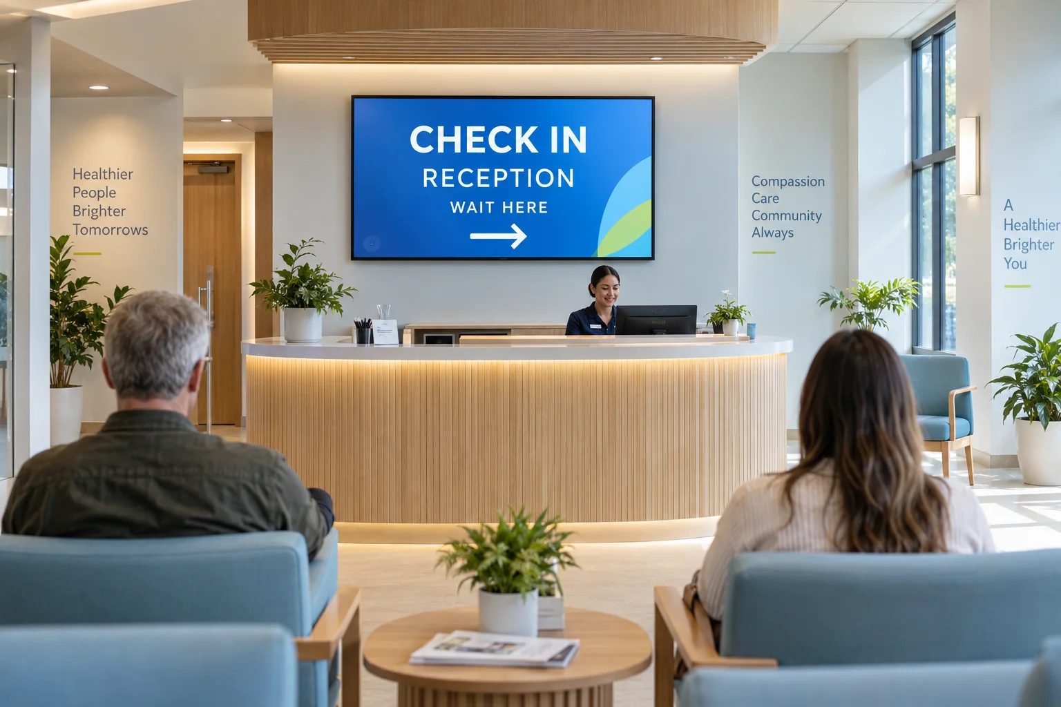A visitor-information screen in a healthcare reception area.