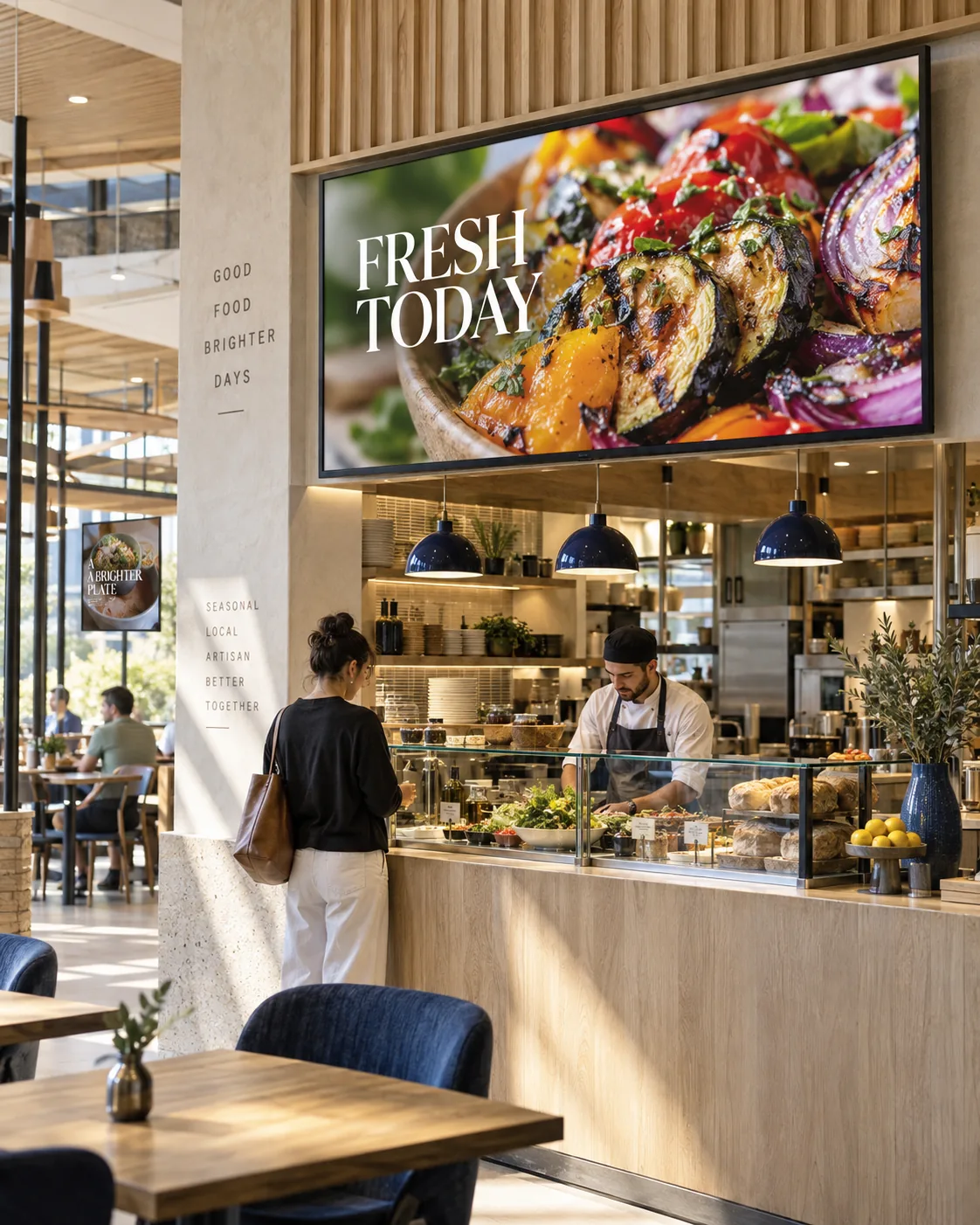 Menu screens in a restaurant setting.