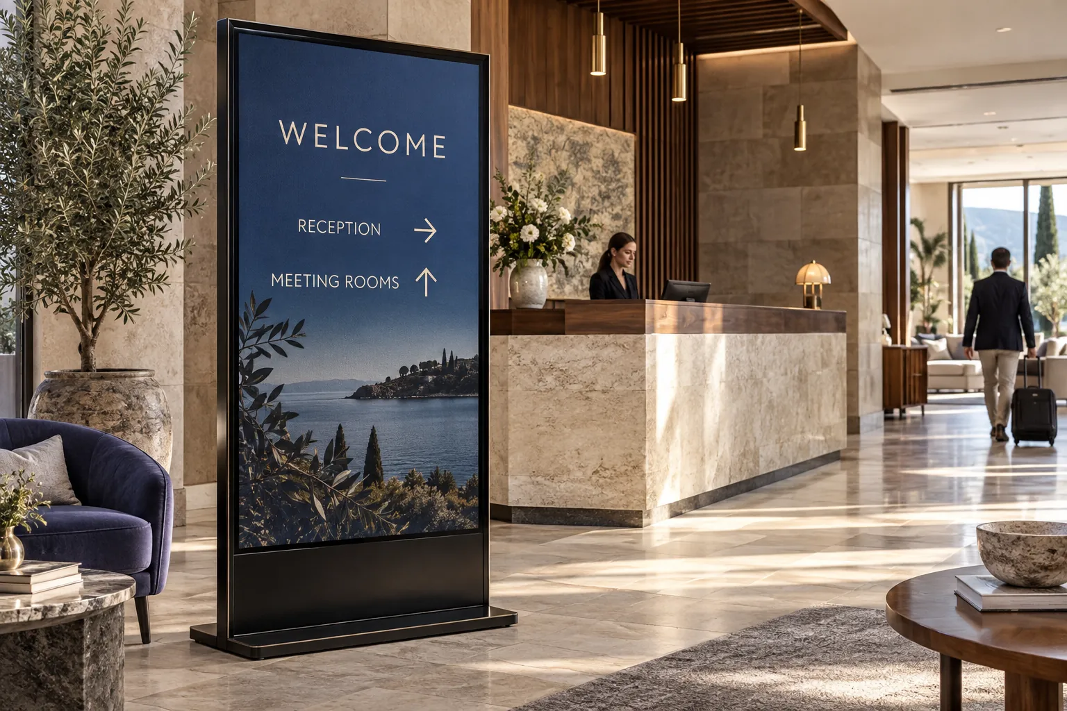 A welcome and wayfinding display in a hotel lobby.