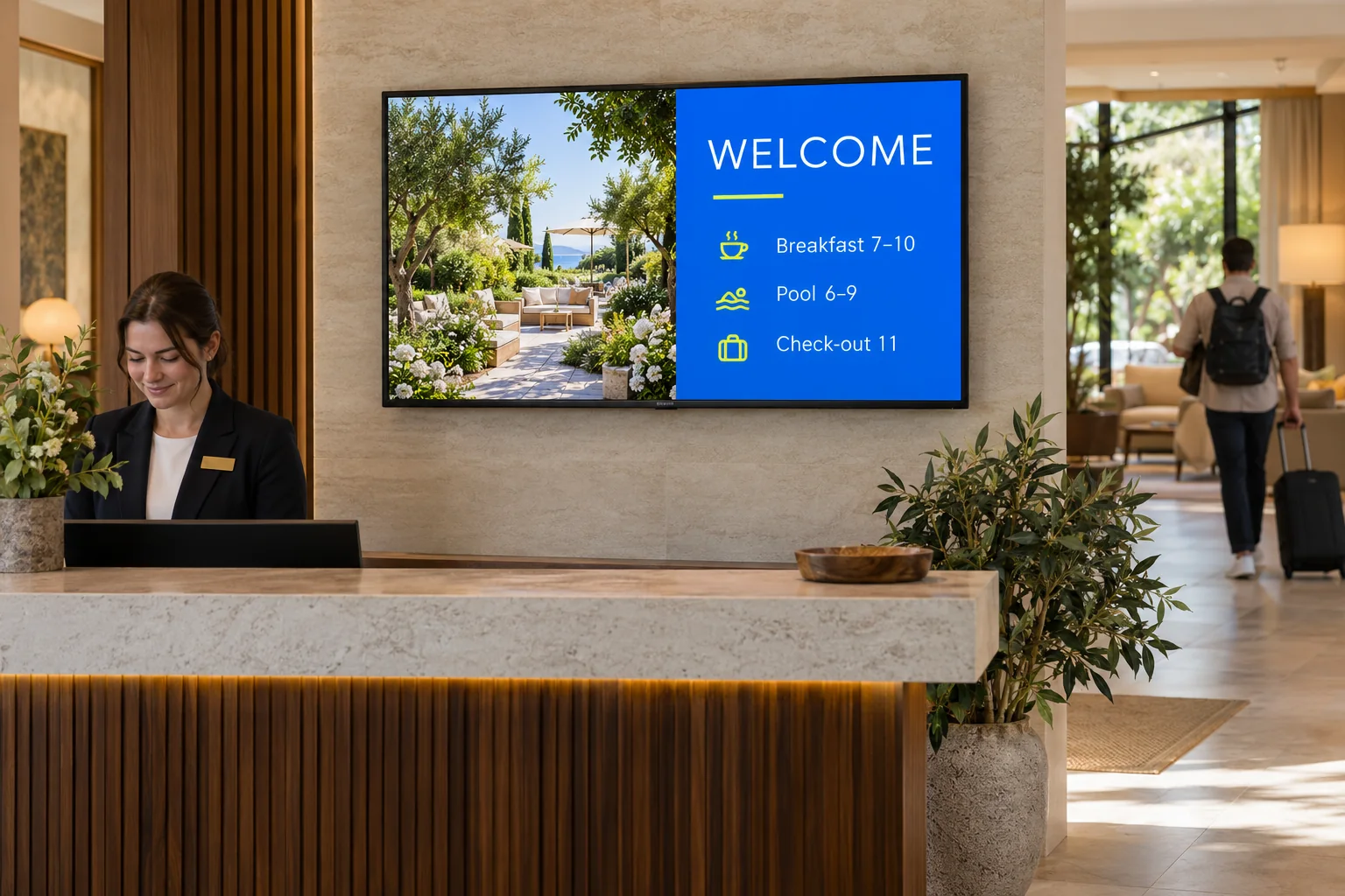 A landscape welcome and guest-information TV in a hotel lobby.