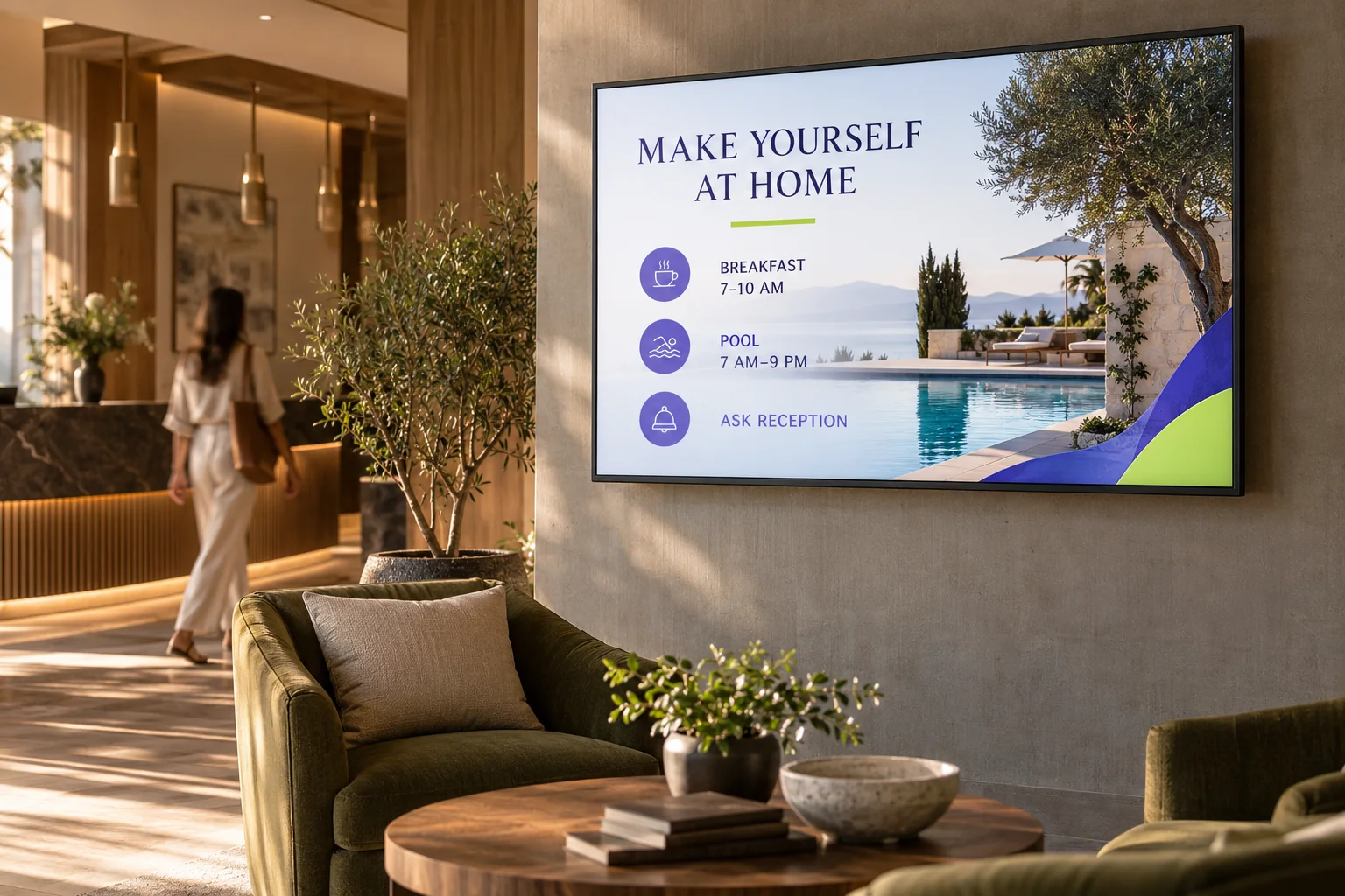 A hotel-services and opening-hours display in a guest area.