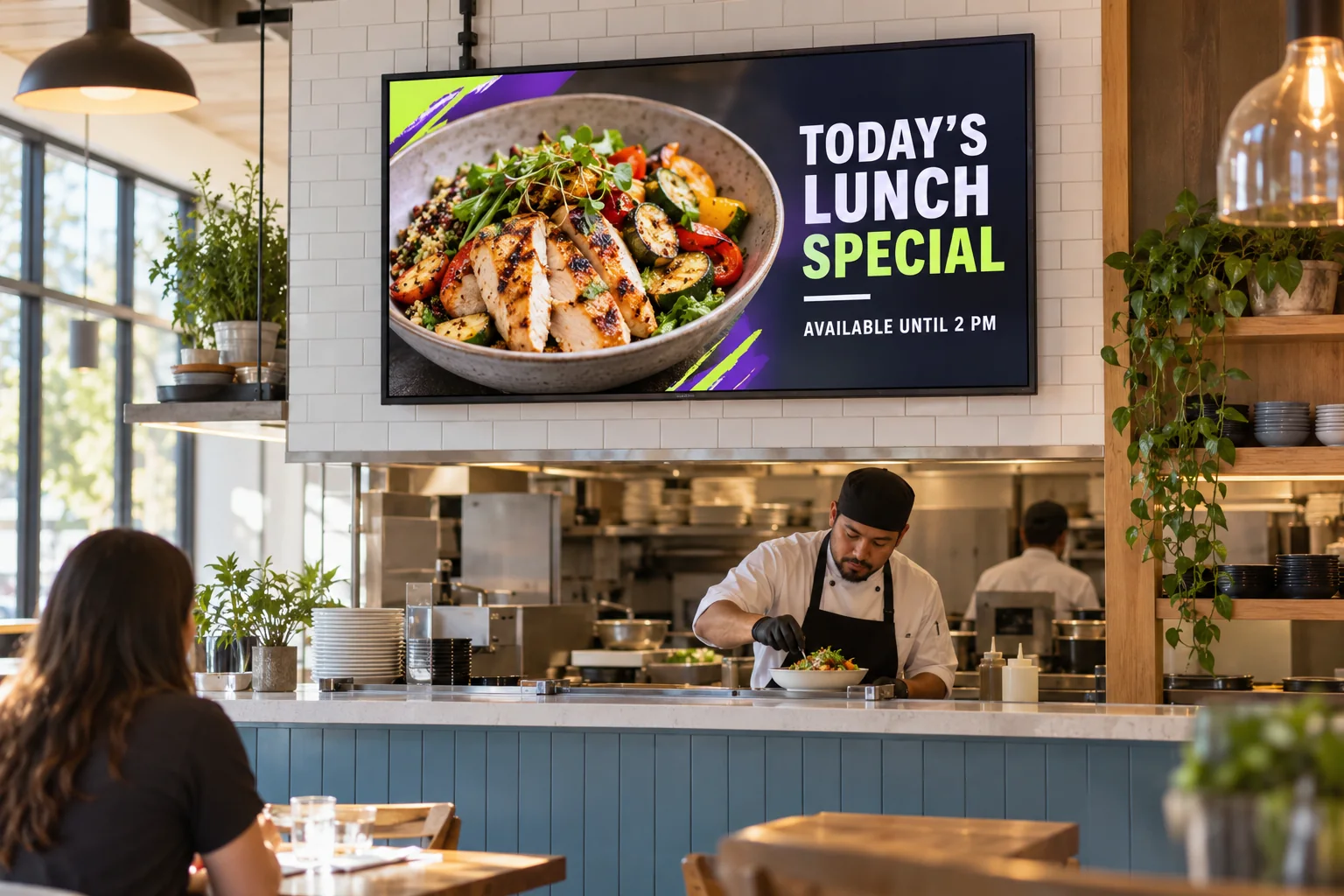 A lunch-special promotion on a screen above a restaurant counter.