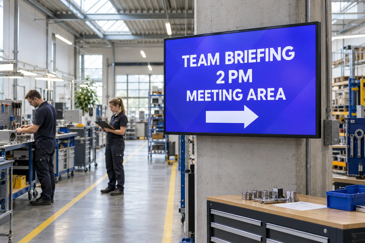 A team-briefing notice on a screen in an industrial workspace.