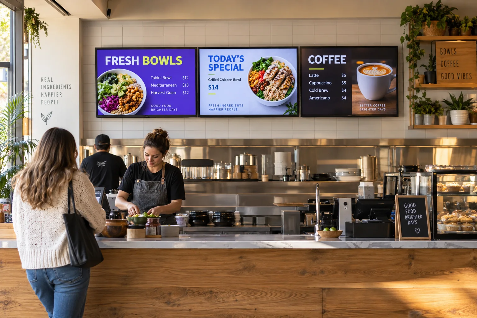 Three digital menu screens above a restaurant counter.
