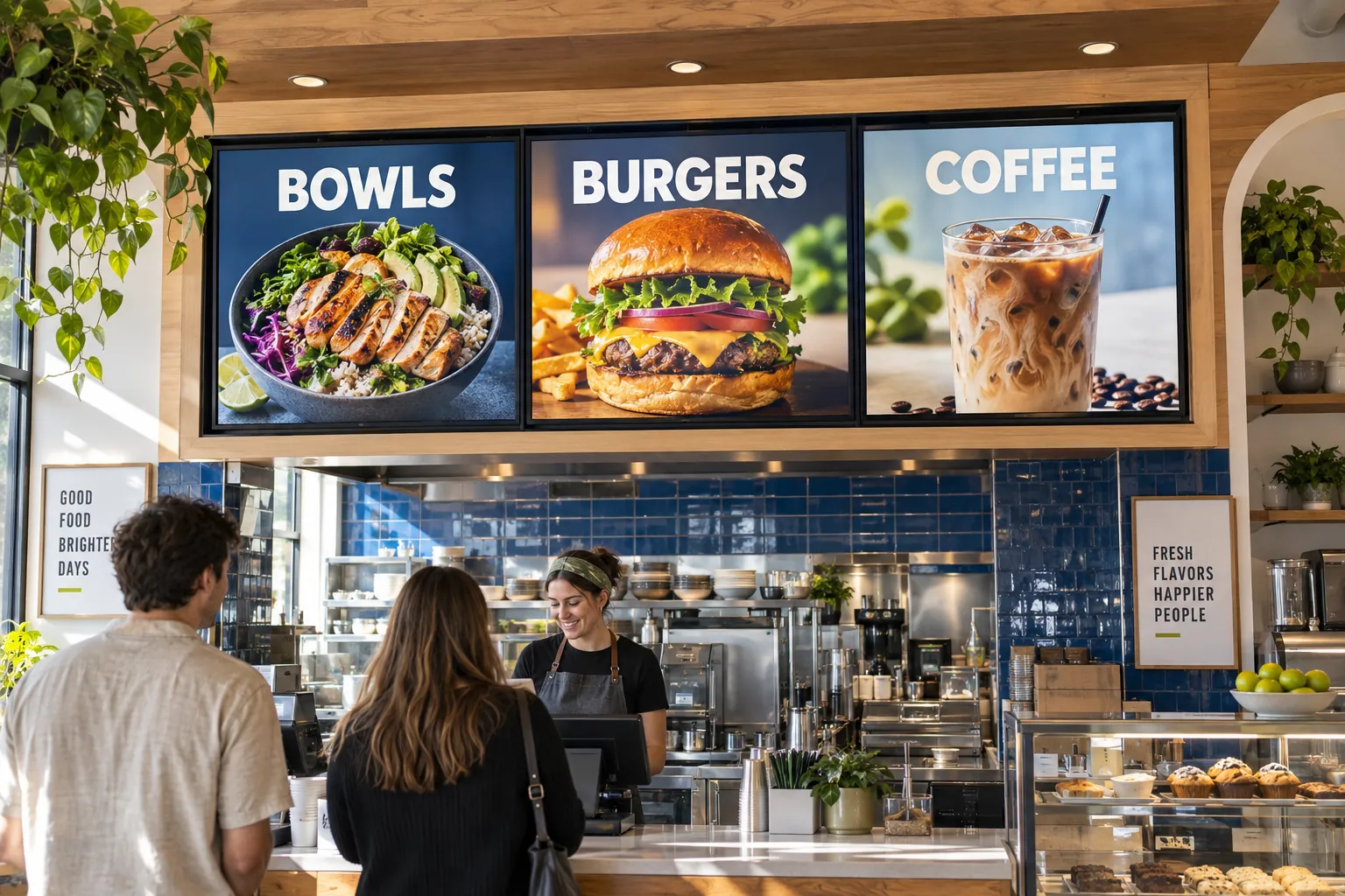 Digital menu screens above a restaurant counter.