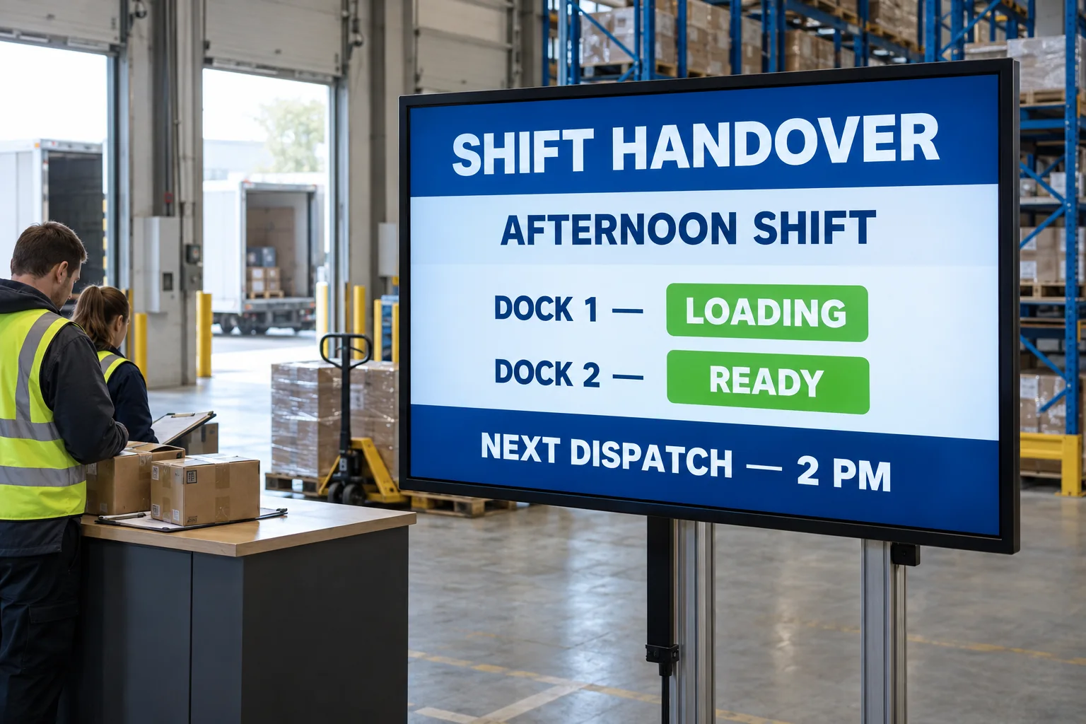 A shift and dock-status display in a warehouse handover area.