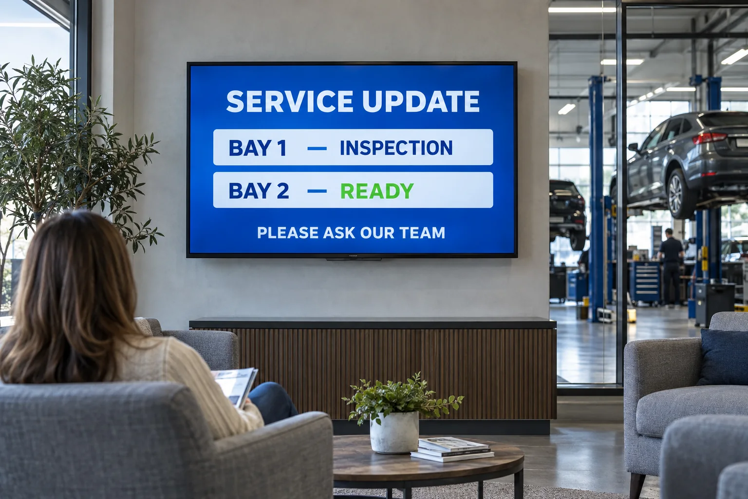 A vehicle-service progress display in a customer waiting area.