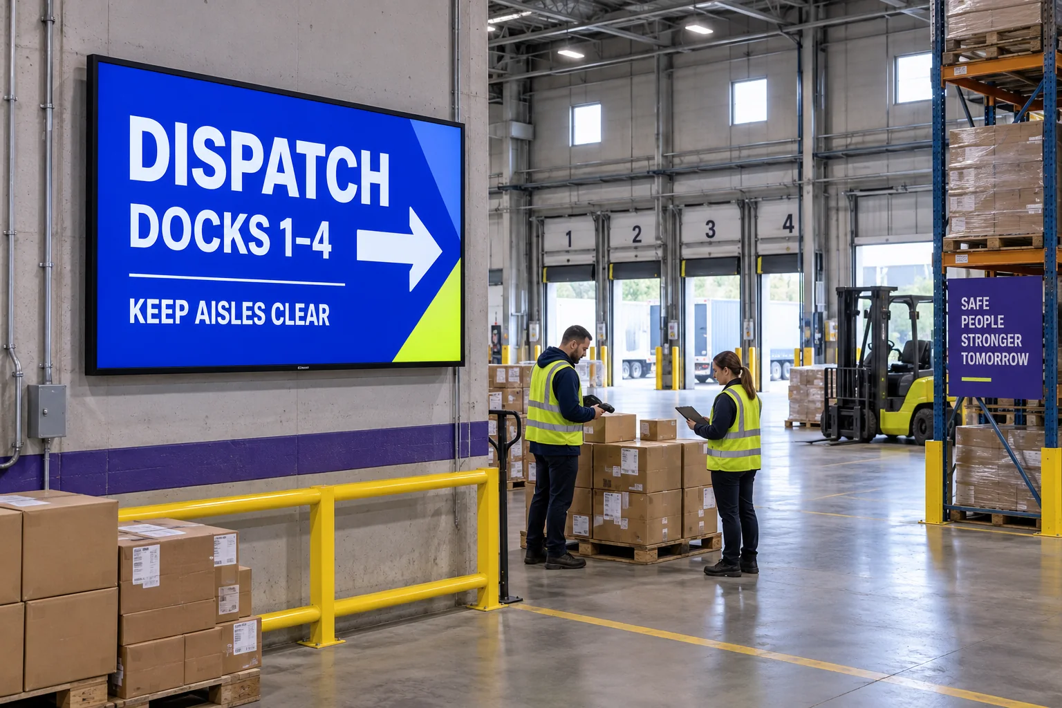 A dispatch-dock direction display in a warehouse.