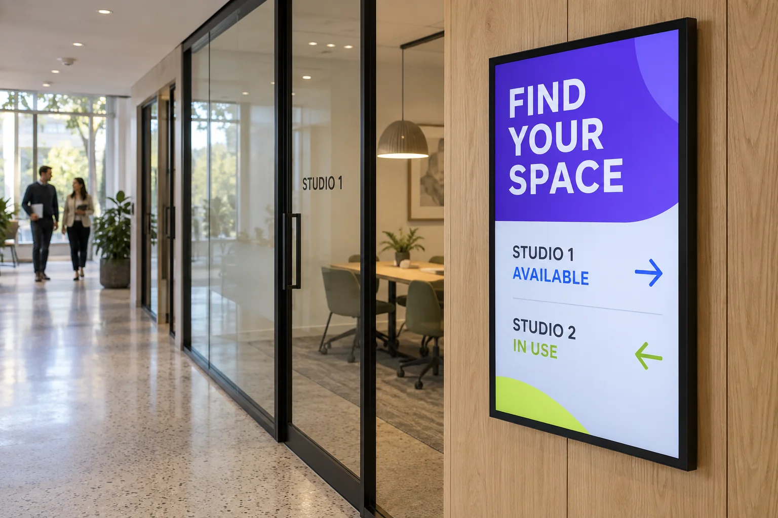 A room-availability display in a shared workplace.