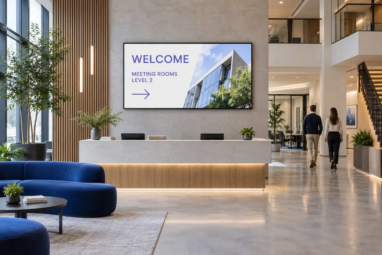 A welcome and meeting-room direction display in an office reception.