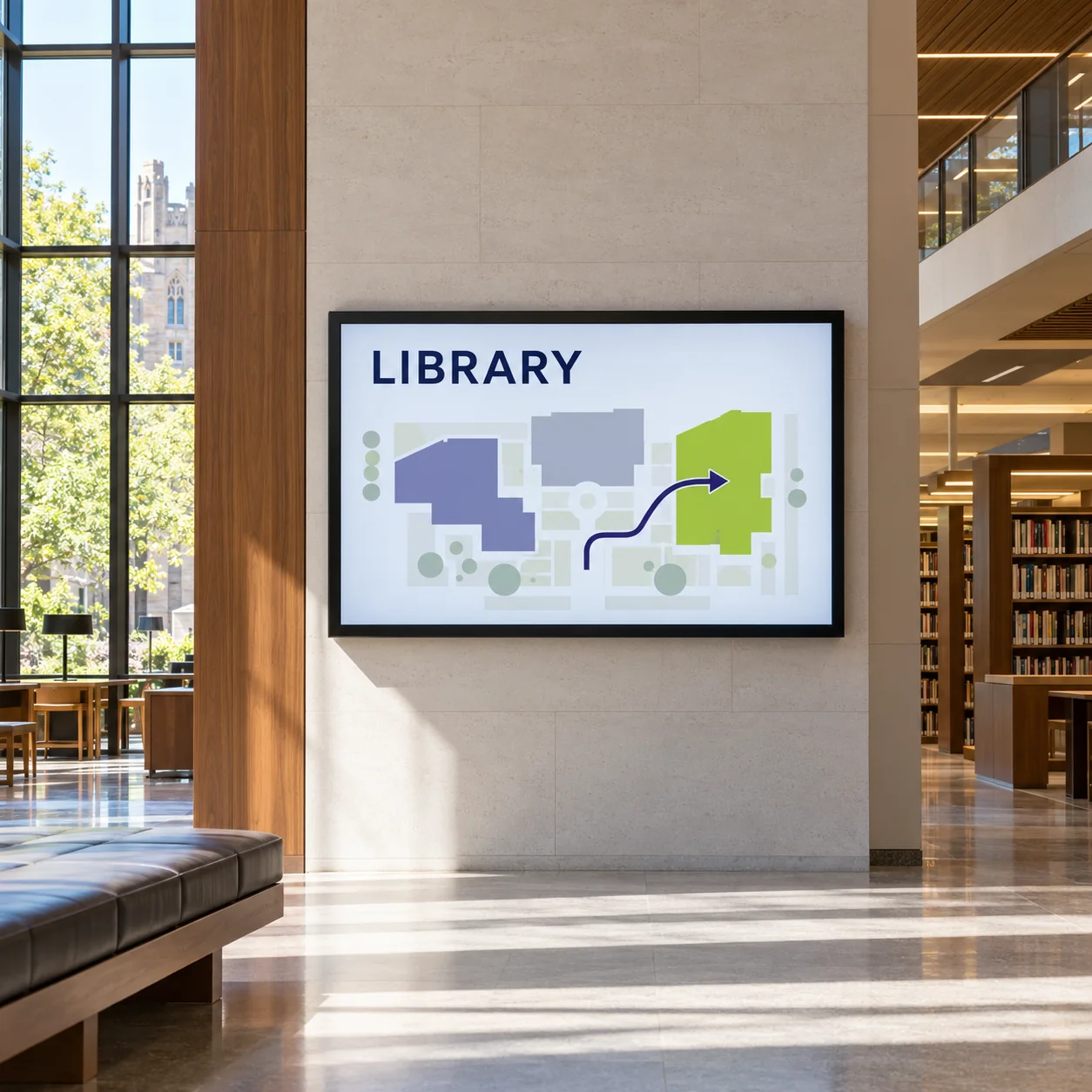 A library wayfinding screen in a sunlit campus lobby.