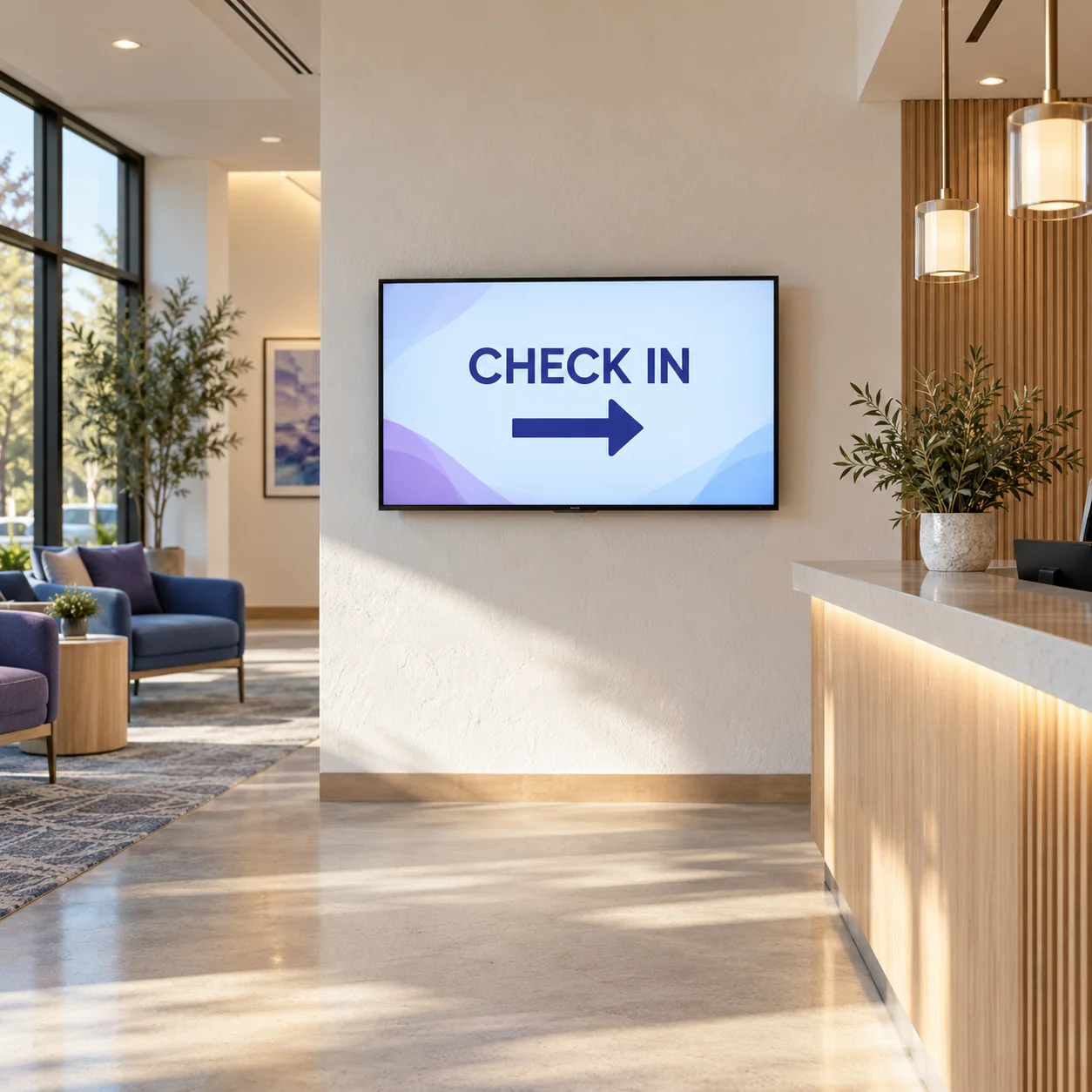 A check-in direction screen in a bright clinic reception.