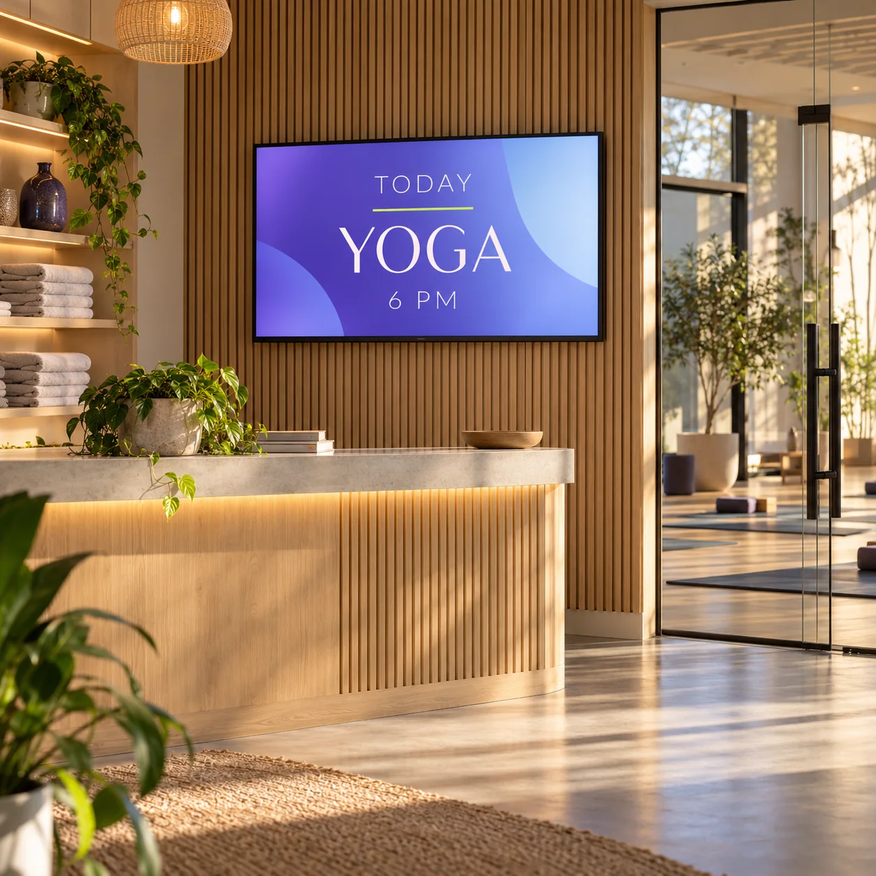 A yoga class announcement on a TV in a fitness studio reception.