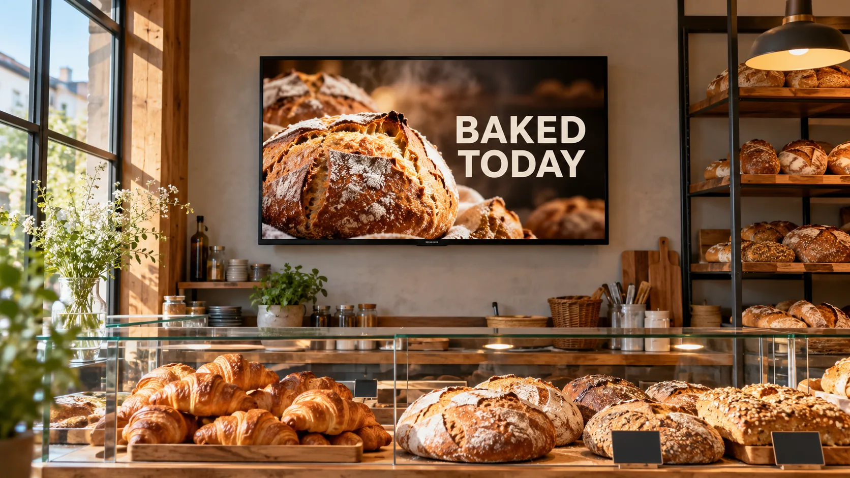 A bakery counter with a wall-mounted screen showing today's baked goods.
