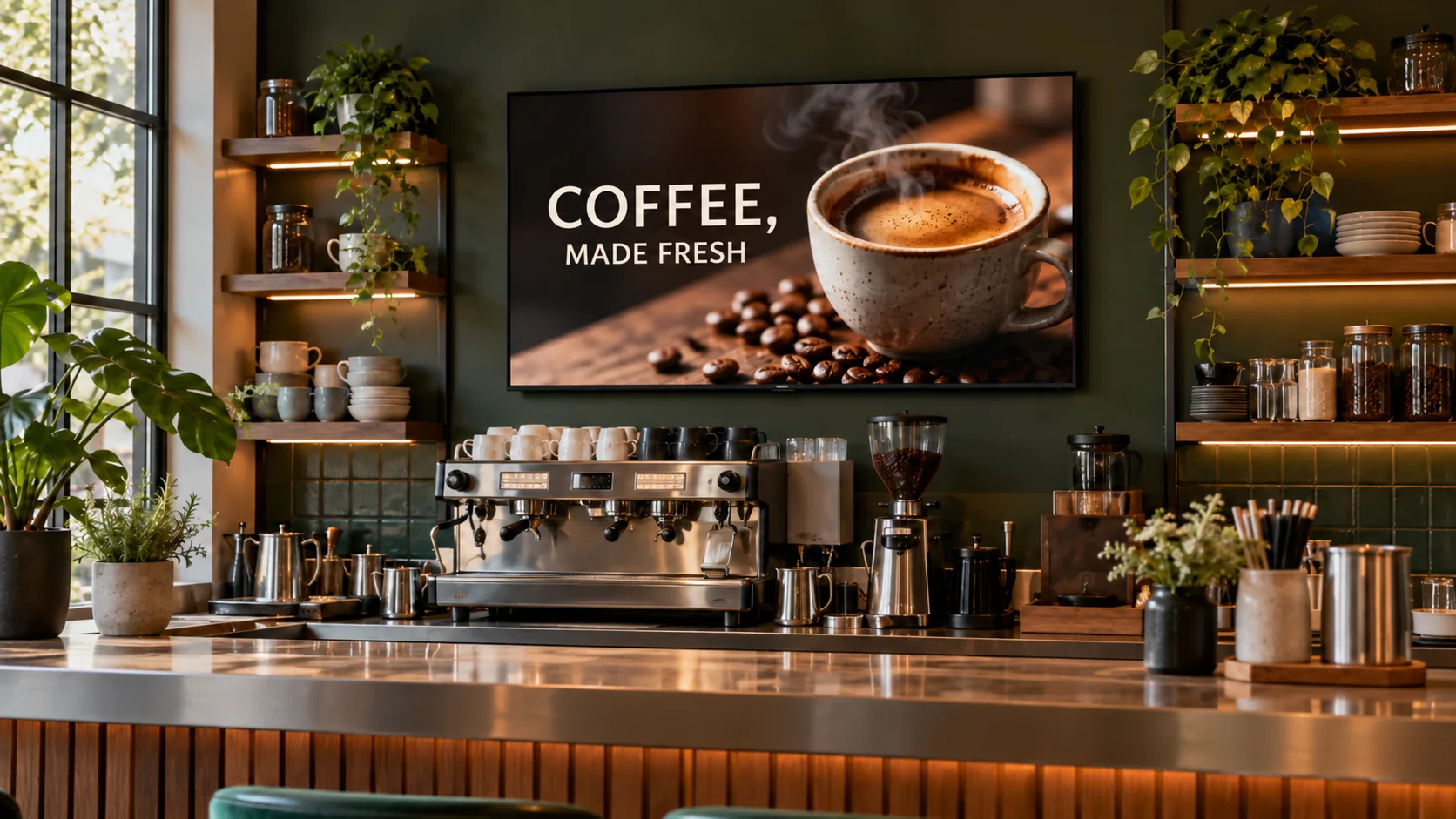 A coffee-bar screen showing fresh coffee above the espresso counter.