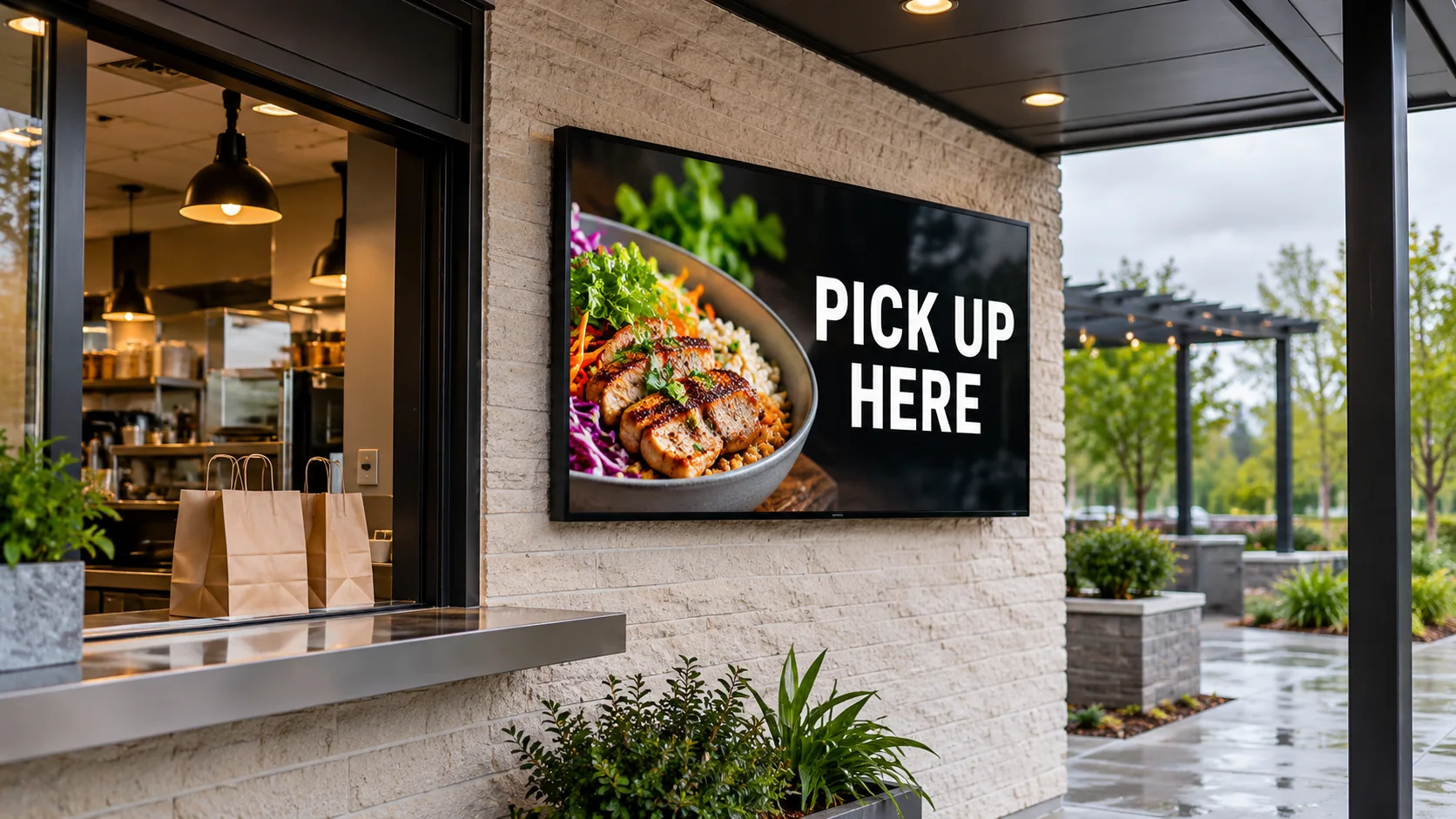 A covered takeaway counter with a screen directing guests to pick up orders.