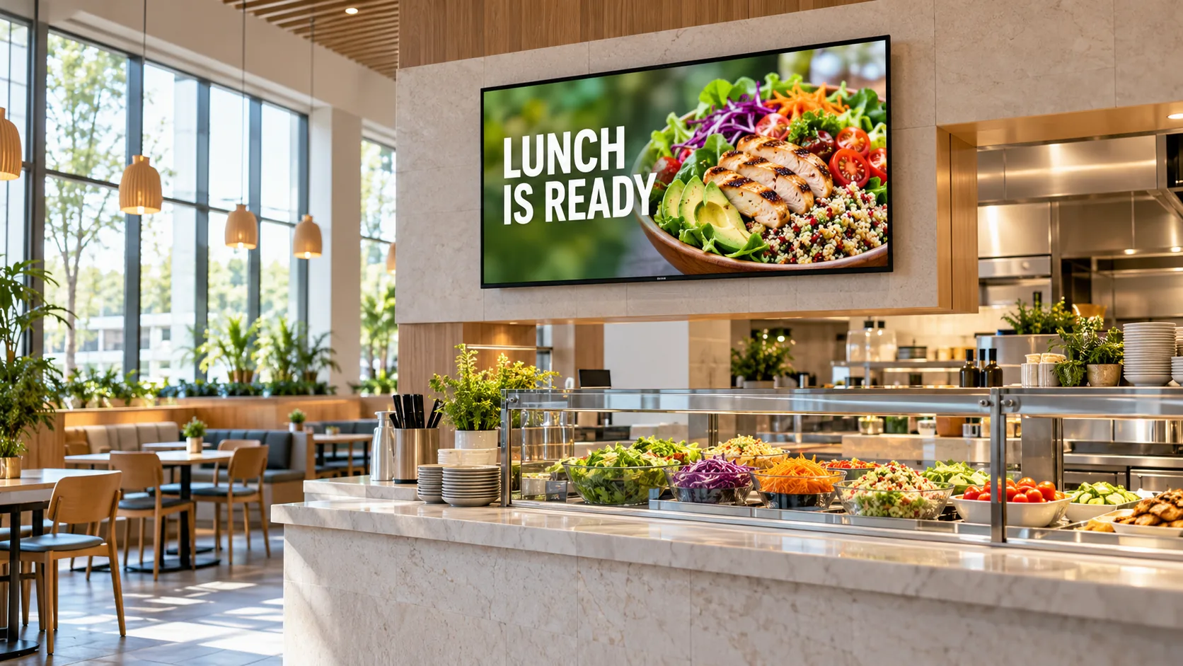 A food-court counter with a lunch promotion on a physical screen.