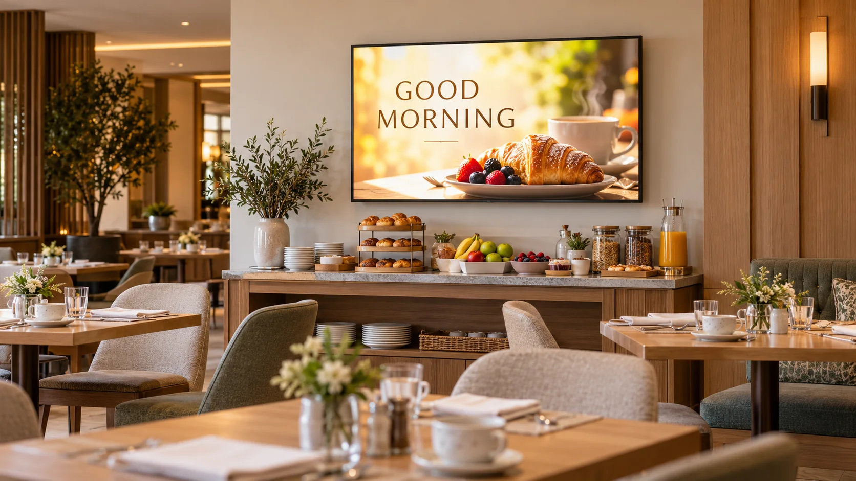 A breakfast-room screen beside a hotel buffet.