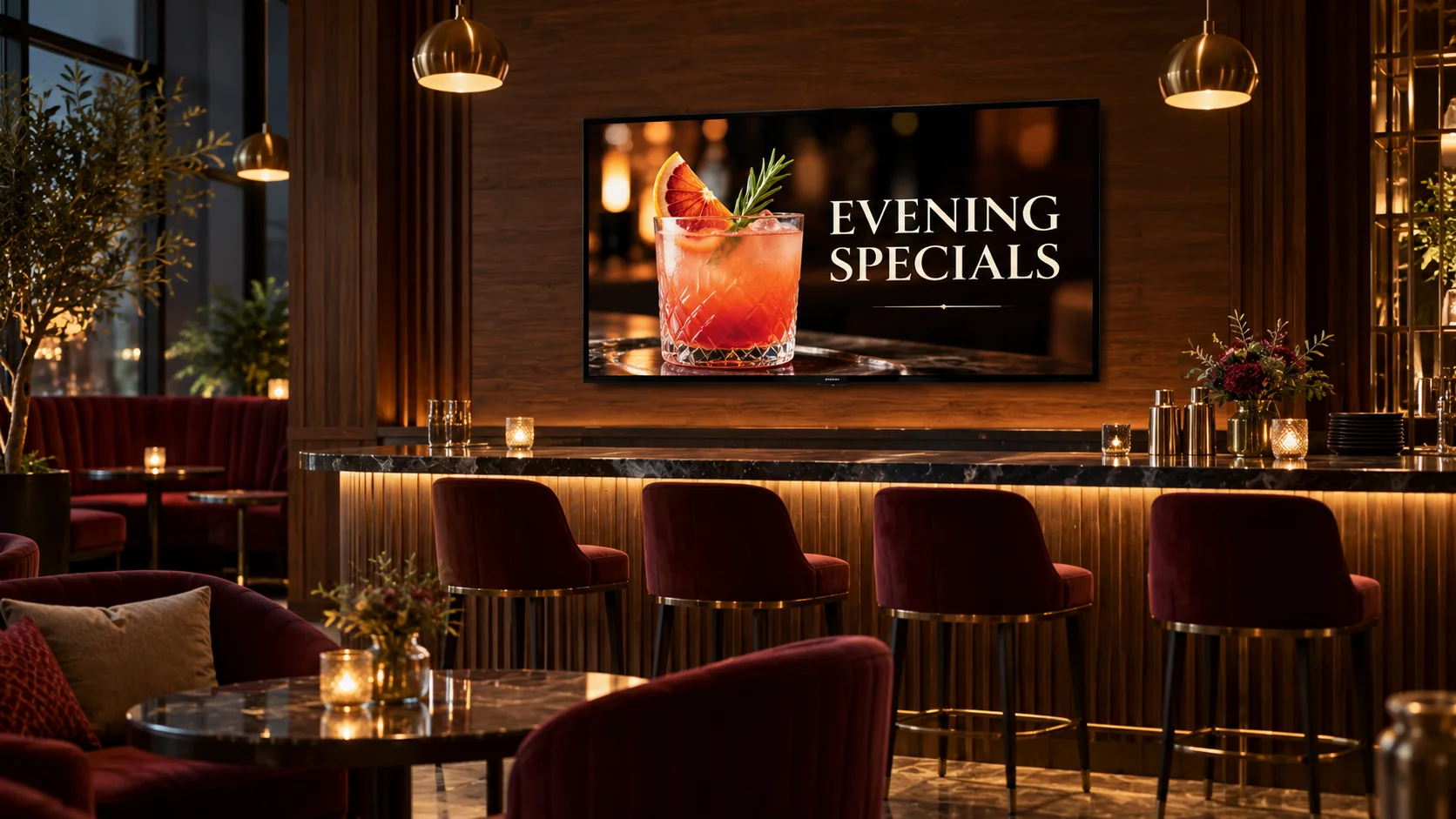 An evening-specials screen in a warmly lit restaurant lounge.