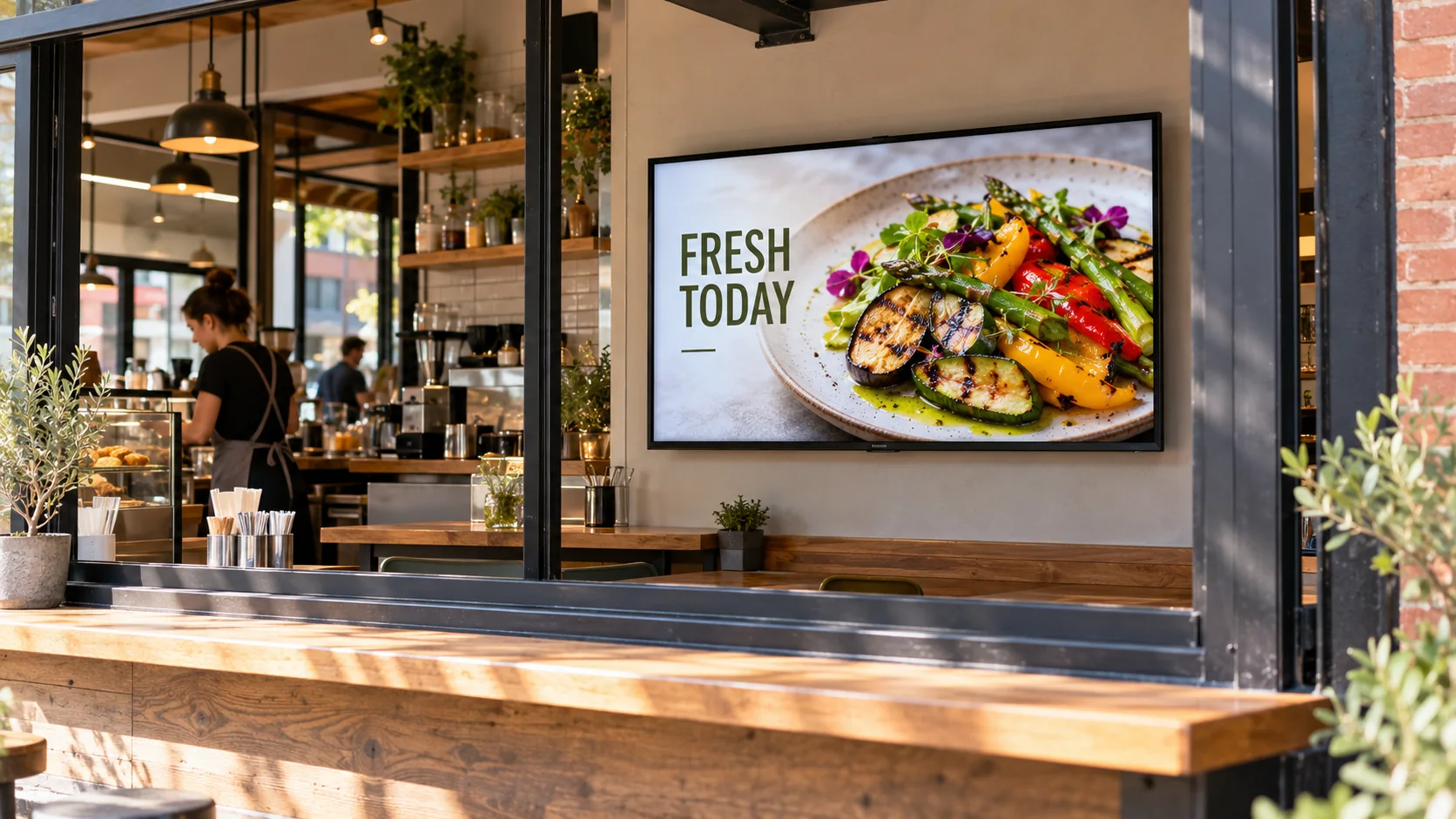 A cafe window with a complete TV showing a fresh-food promotion.