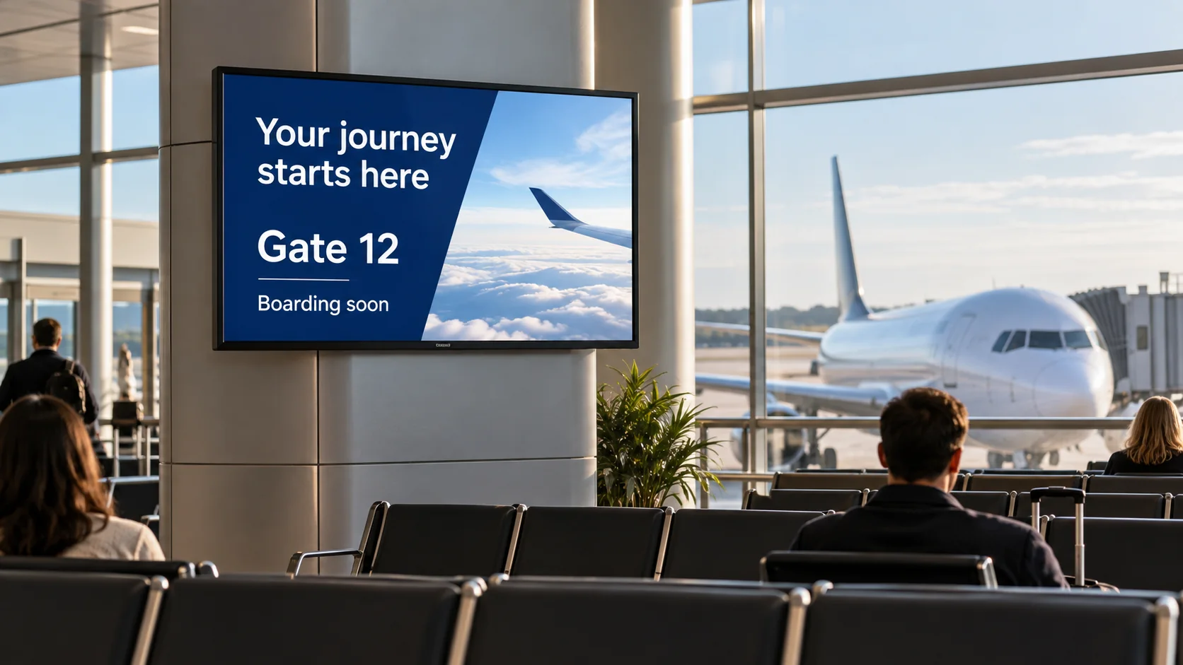 A departure-lounge TV showing Gate 12 and boarding guidance.