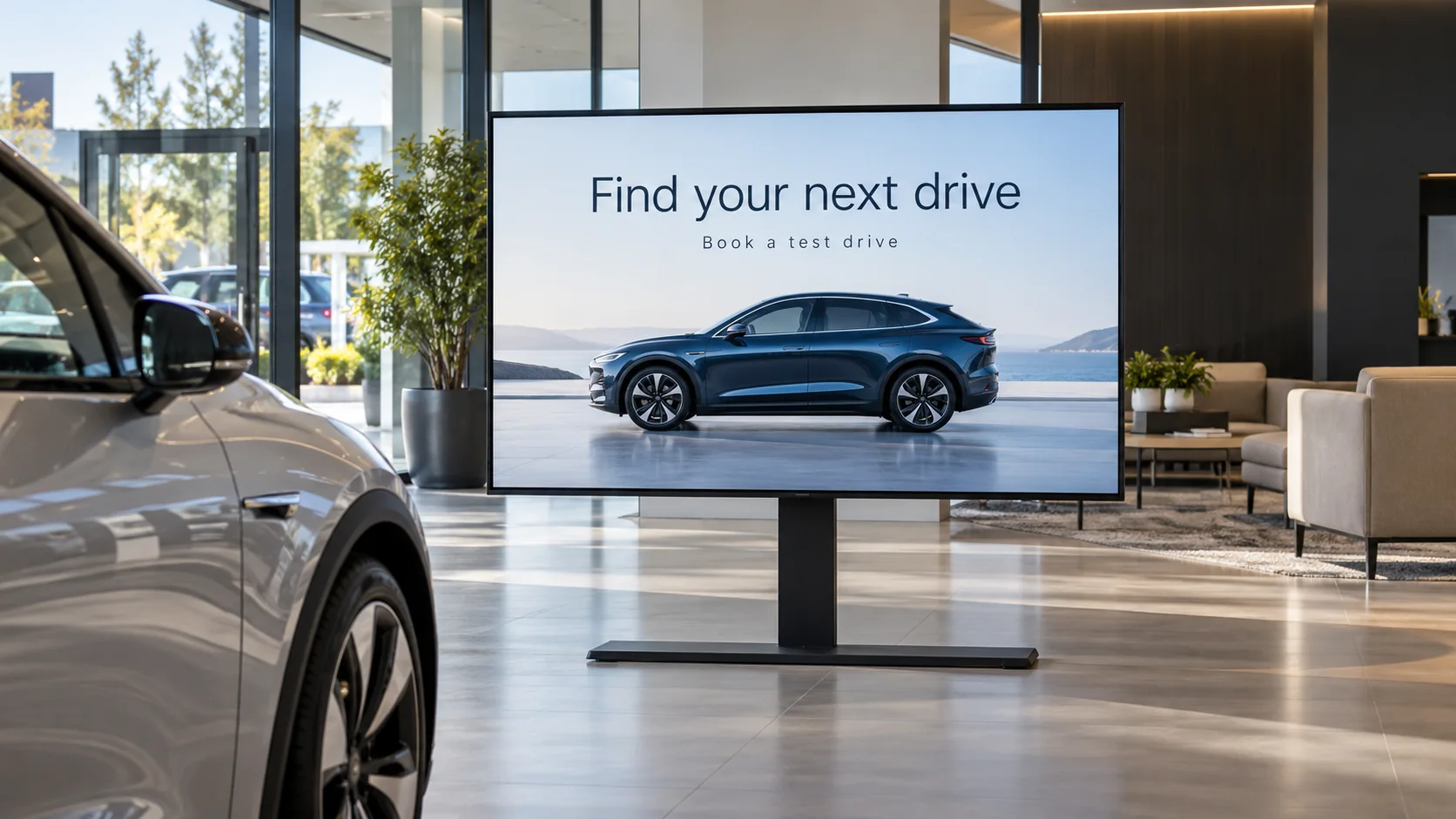 A freestanding showroom display promoting a car and test drives.