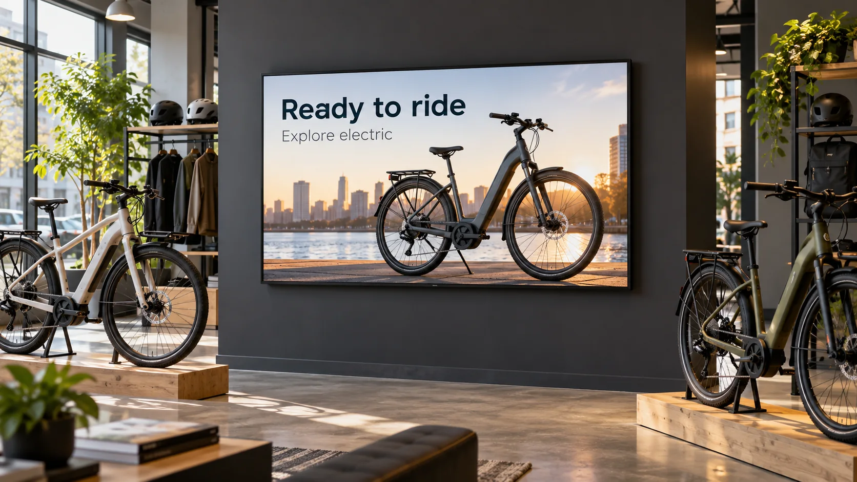 An electric-bicycle promotion on a wall-mounted TV in a bicycle showroom.