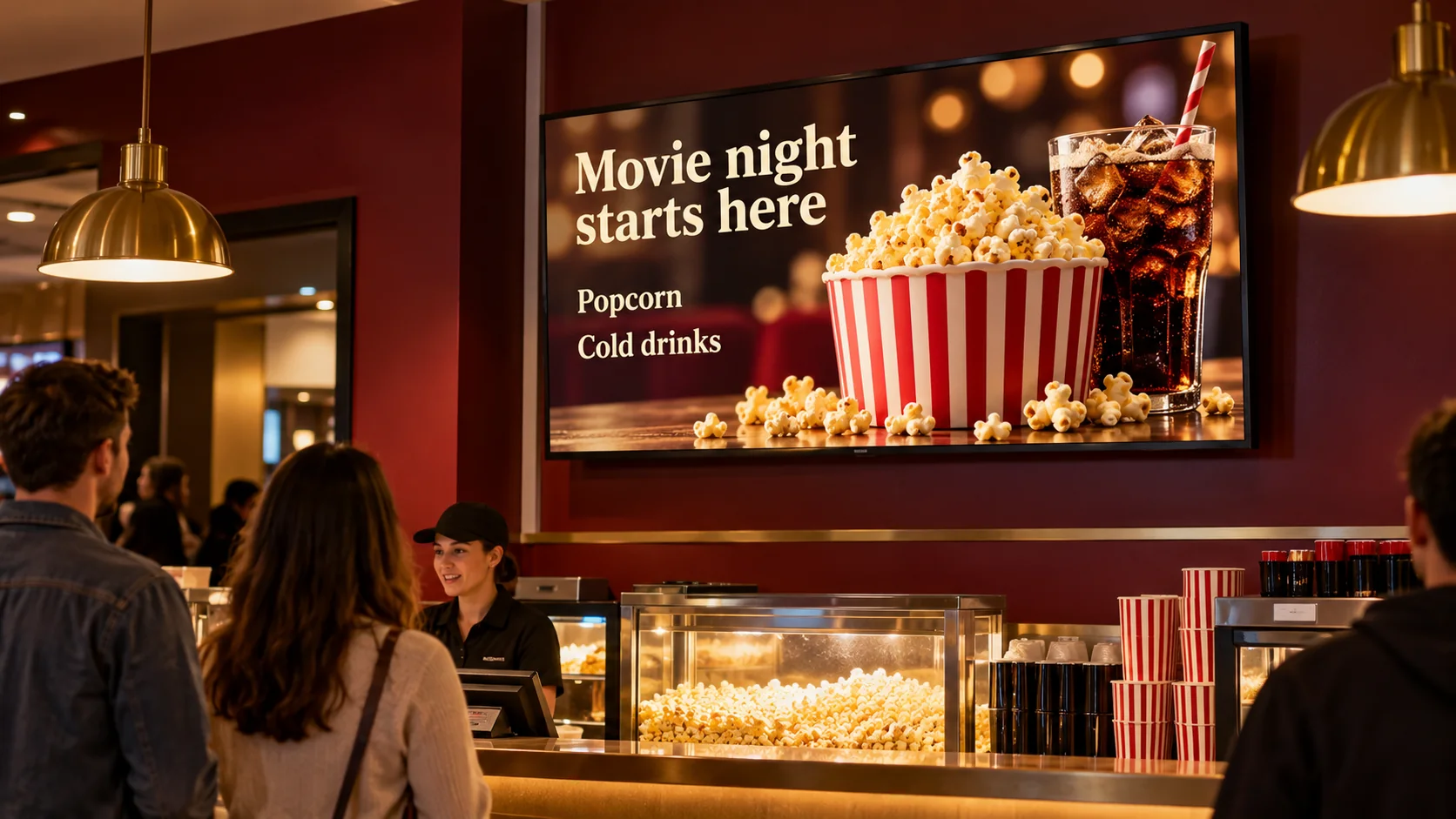 A cinema-counter TV showing popcorn and cold drinks.
