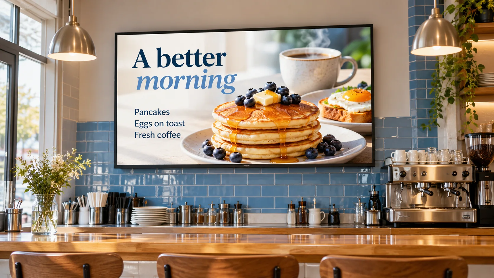 A diner TV showing pancakes, eggs on toast and fresh coffee above the counter.