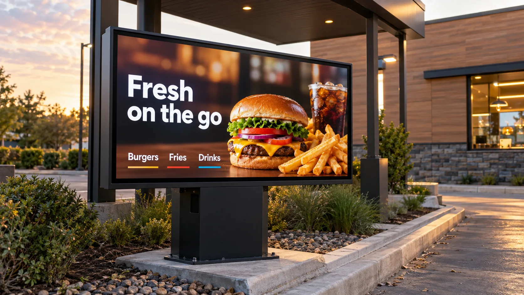 A sheltered drive-through TV showing a burger, fries and cold drinks.