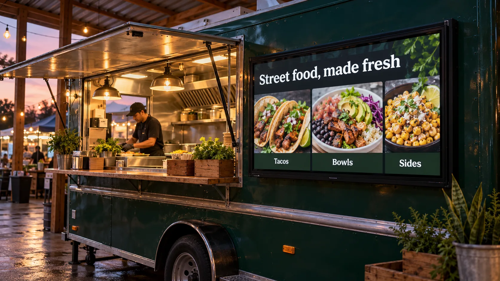 A food-truck menu TV beside the service hatch showing tacos, bowls and sides.