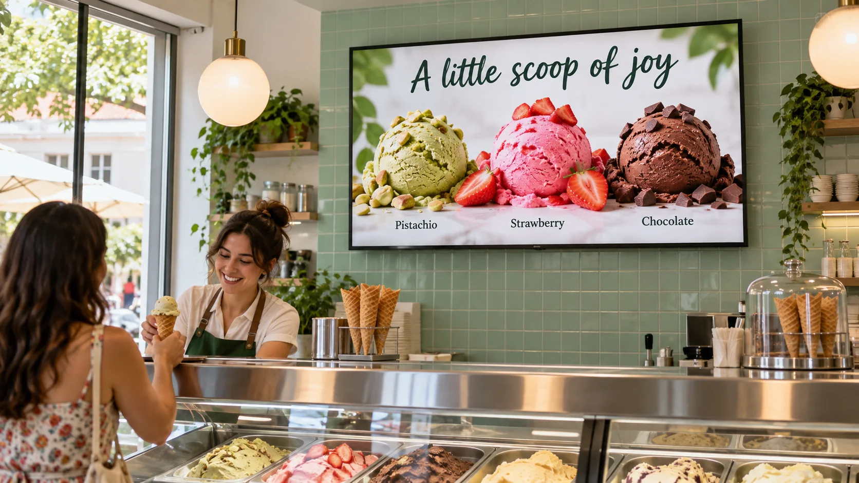 An ice-cream counter TV showing pistachio, strawberry and chocolate scoops.