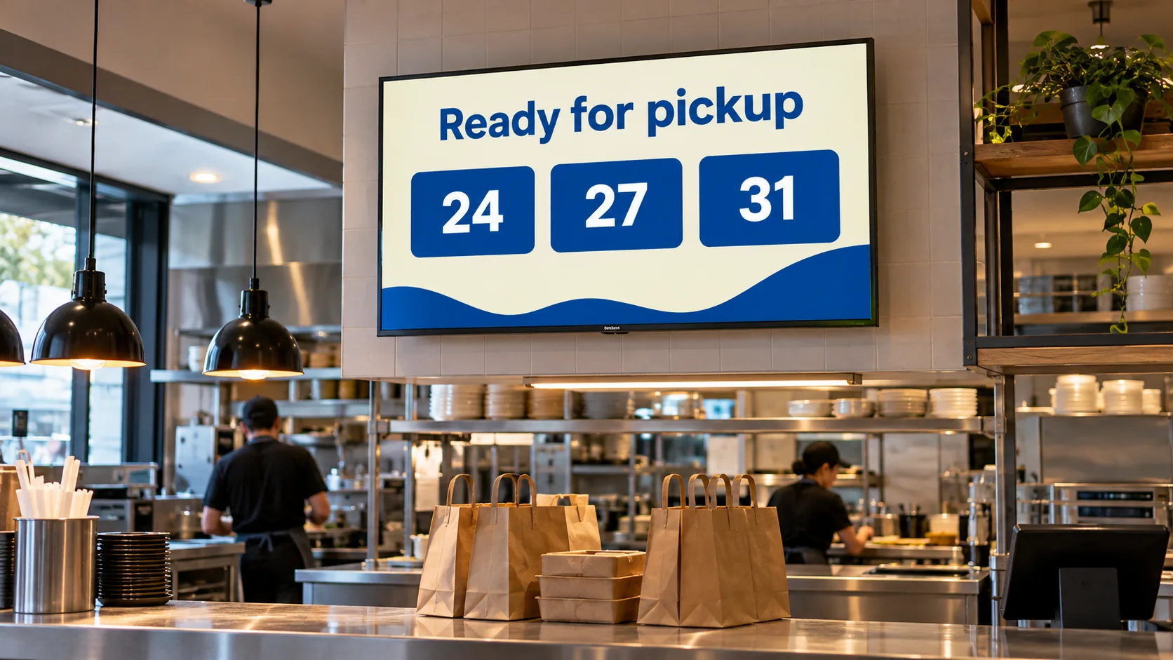 A kitchen pickup TV showing collection numbers above takeaway bags.