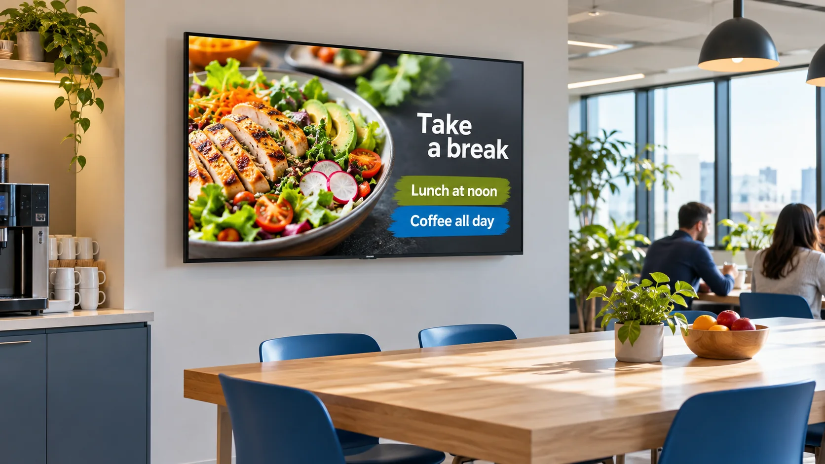 A cafeteria TV showing a lunch bowl, lunch hours and coffee information.