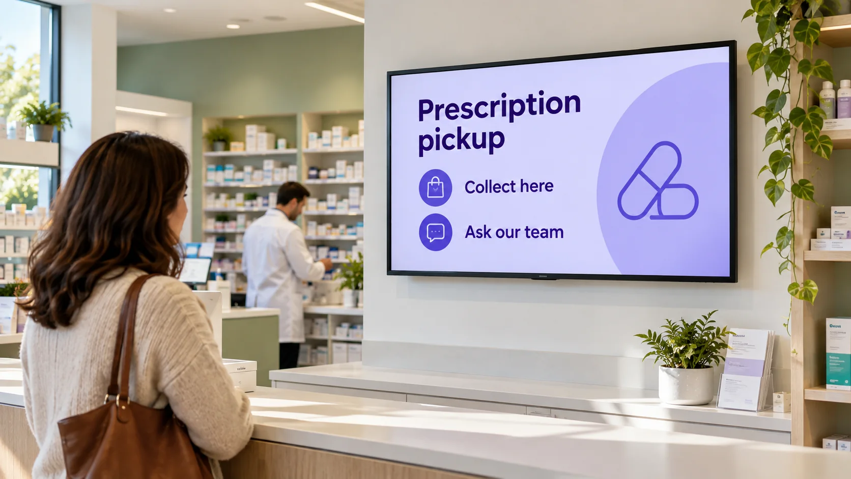 A pharmacy TV showing prescription pickup, collection and team guidance.