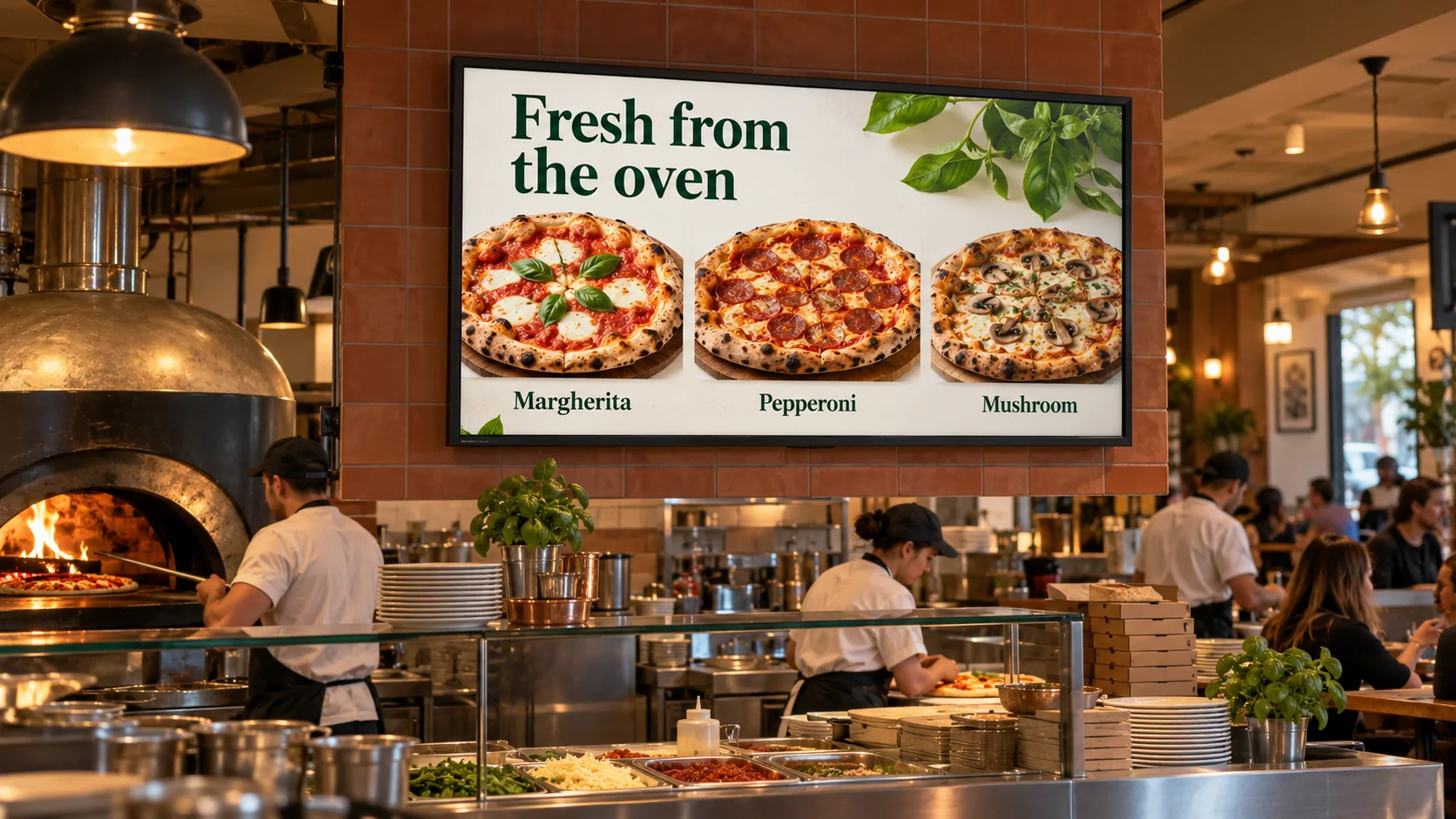 A pizzeria counter TV displaying Margherita, pepperoni and mushroom pizzas.
