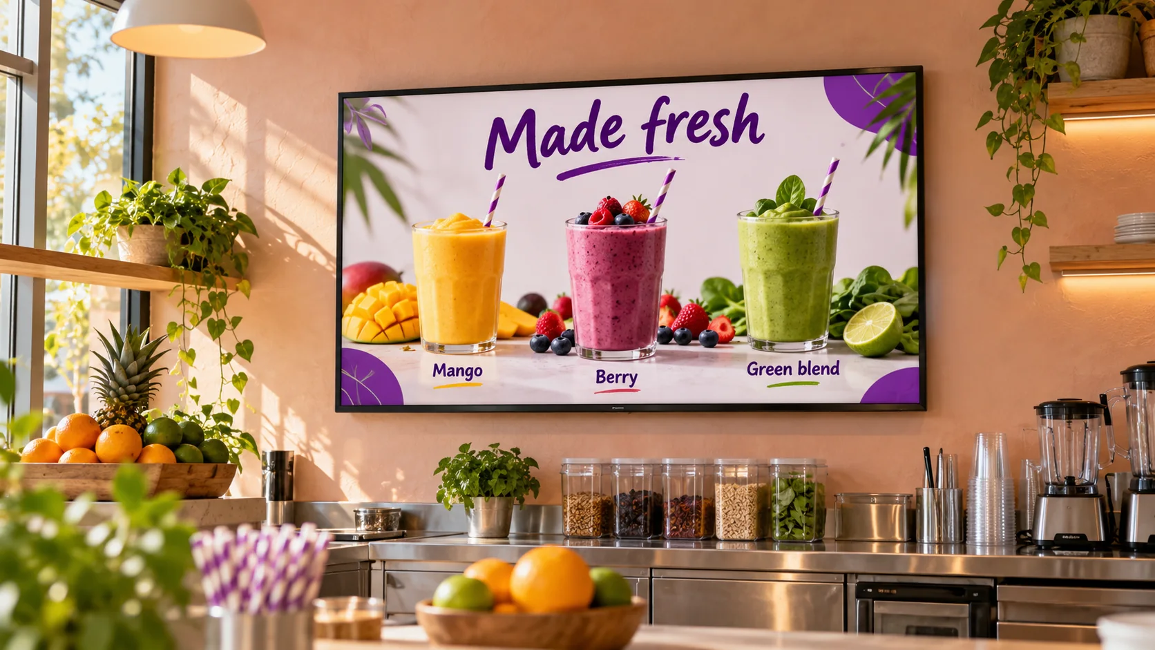 A smoothie-counter TV showing mango, berry and green-blend drinks.