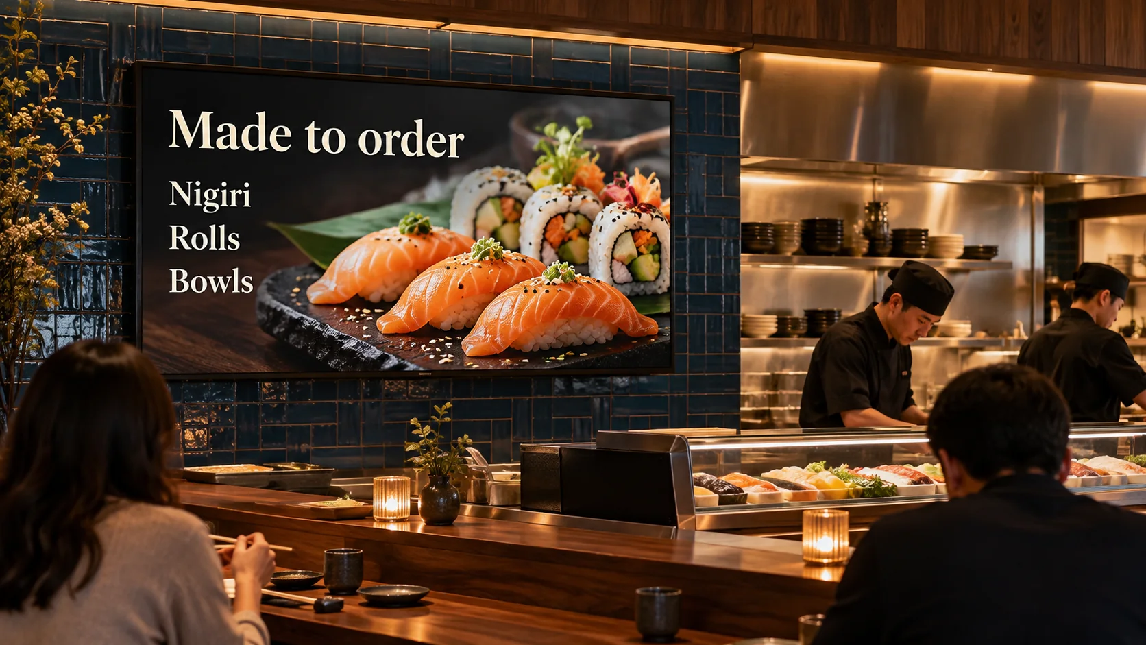 A sushi-counter TV showing nigiri, rolls and bowls.