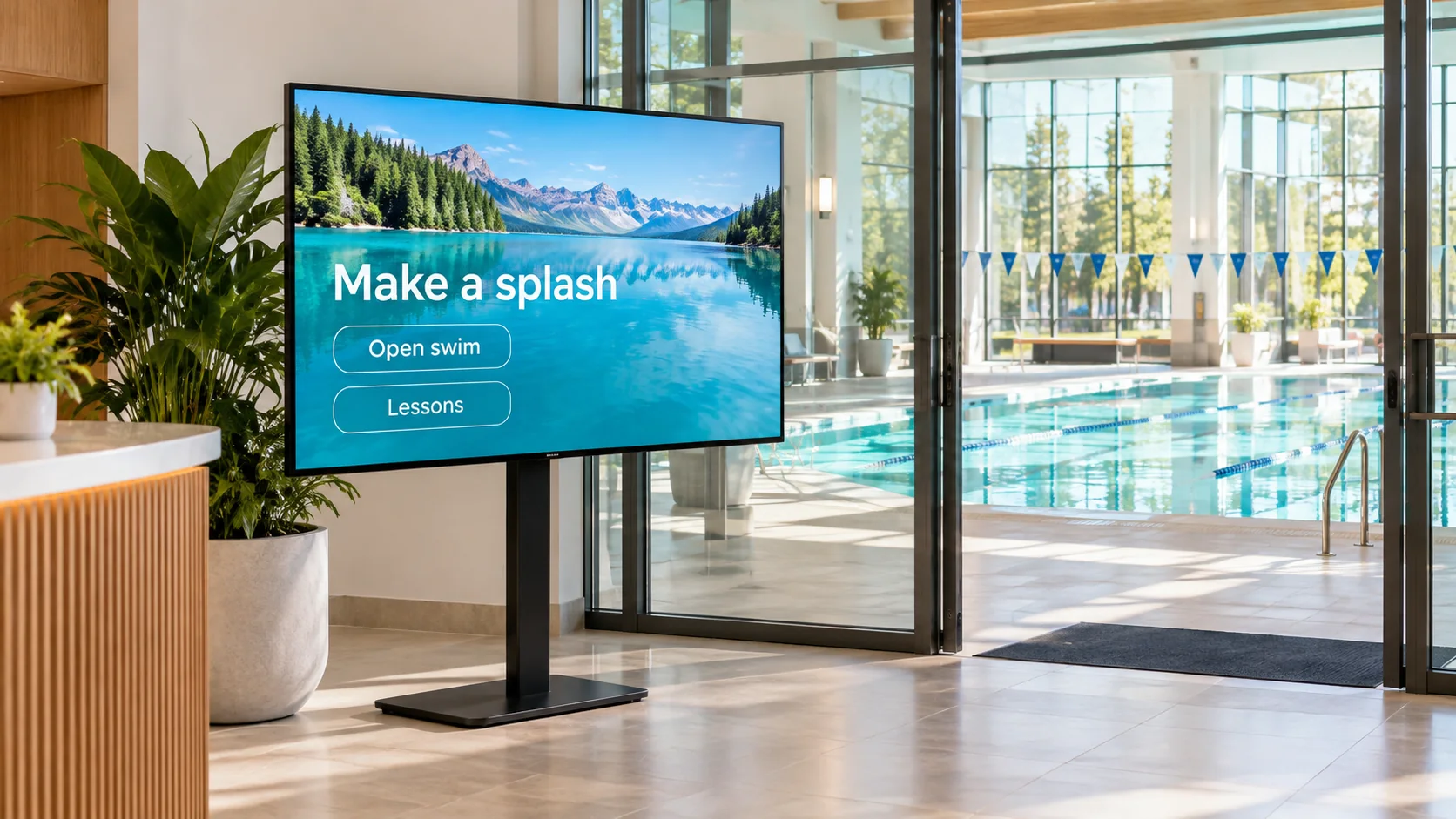 A freestanding swimming-centre TV showing open-swim and lesson information.