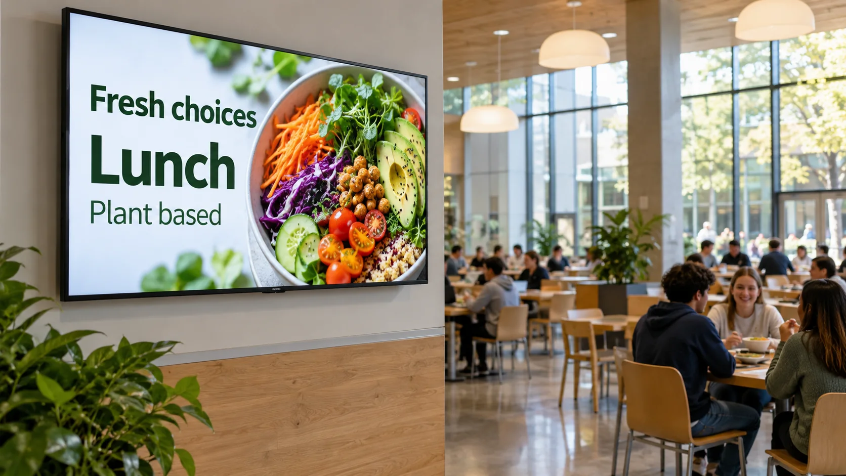 A campus dining TV showing a vegetable bowl and plant-based lunch choices.