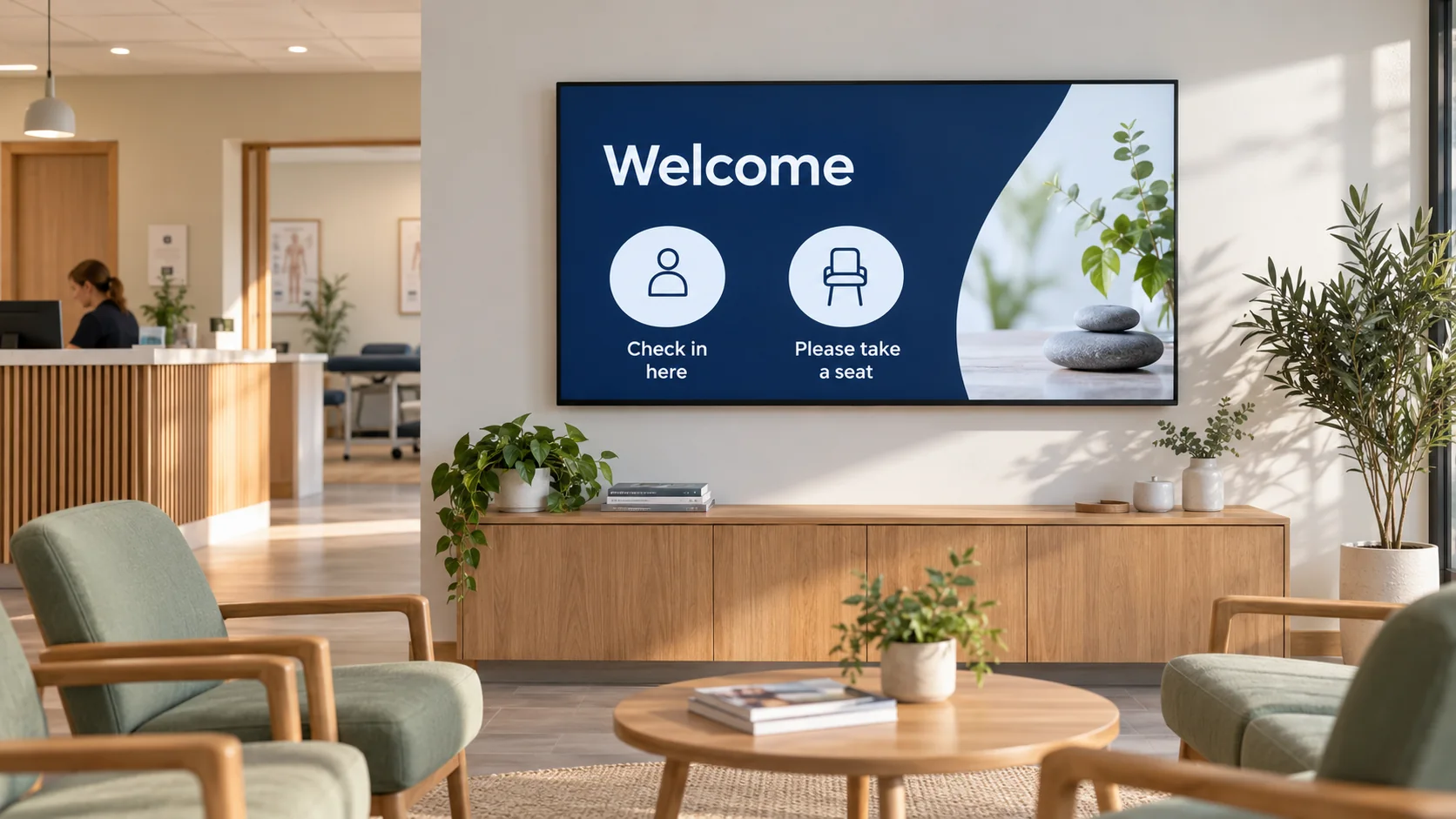 A clinic reception TV showing welcome, check-in and seating guidance.